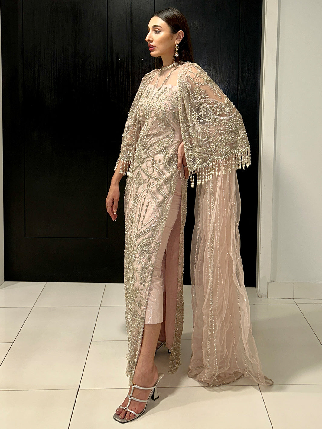 Indian Blush Pink Hand-Embellished Net Cape Dress (3-Piece) - Image 9