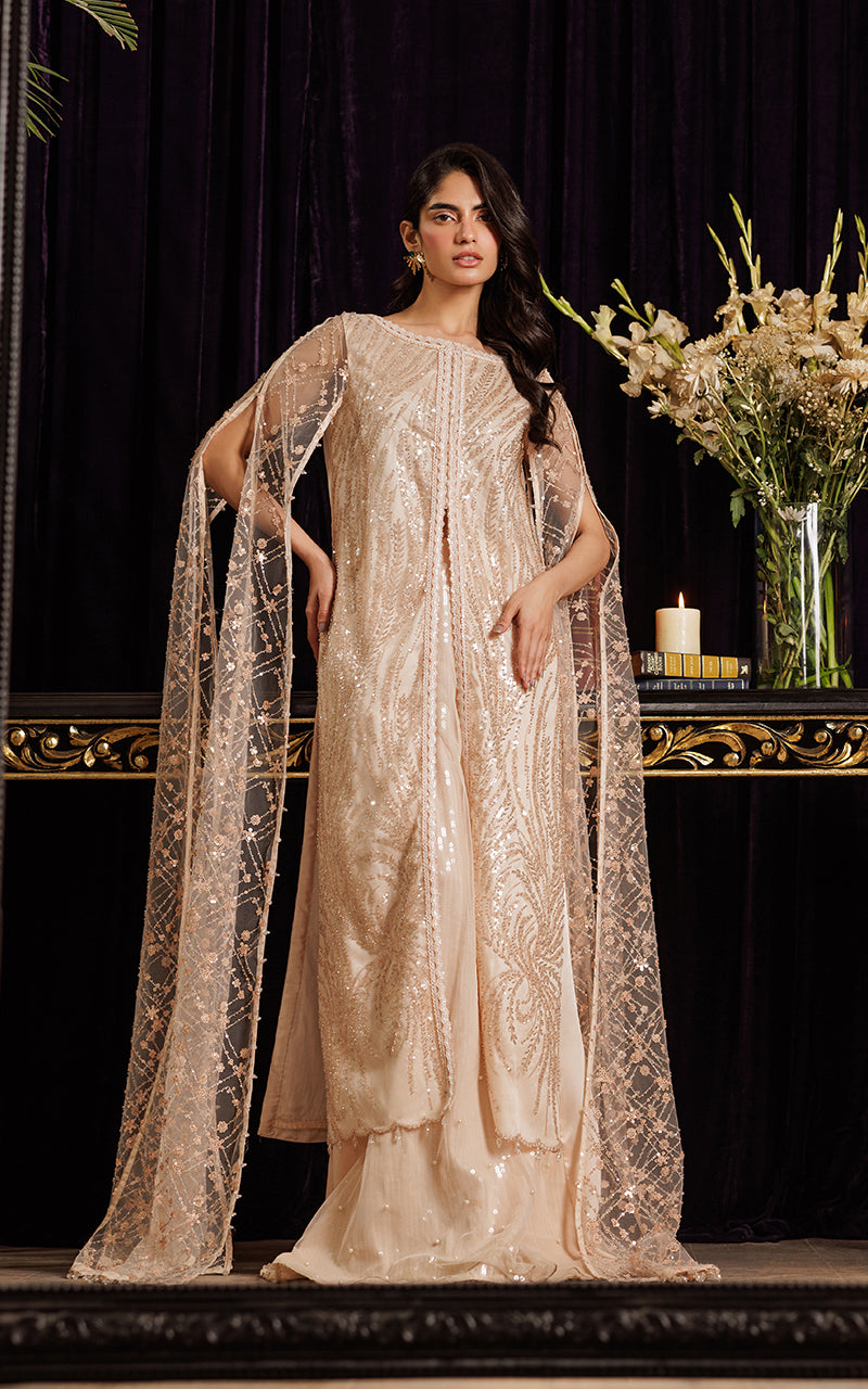 Pakistani Blush Sequin Embroidered Net Cape Dress (2-Piece) - Image 1
