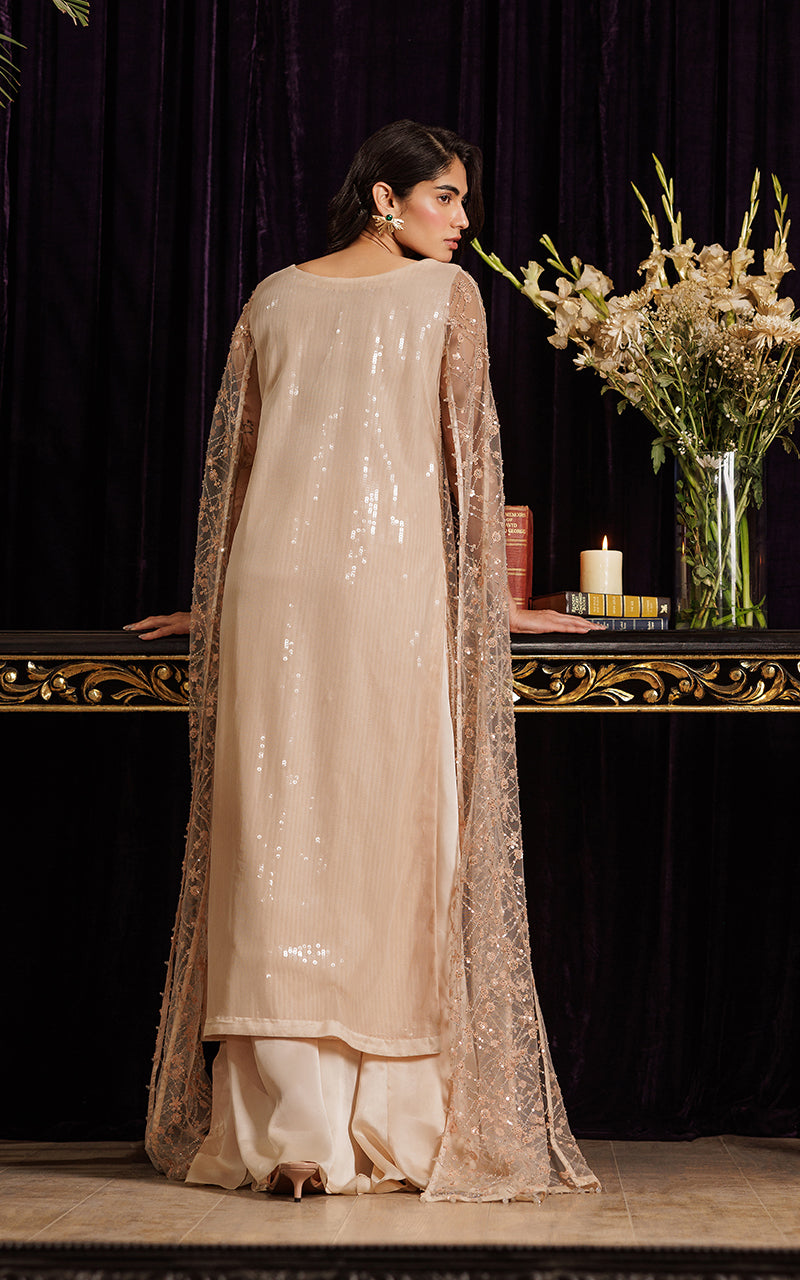 Pakistani Blush Sequin Embroidered Net Cape Dress (2-Piece) - Image 7