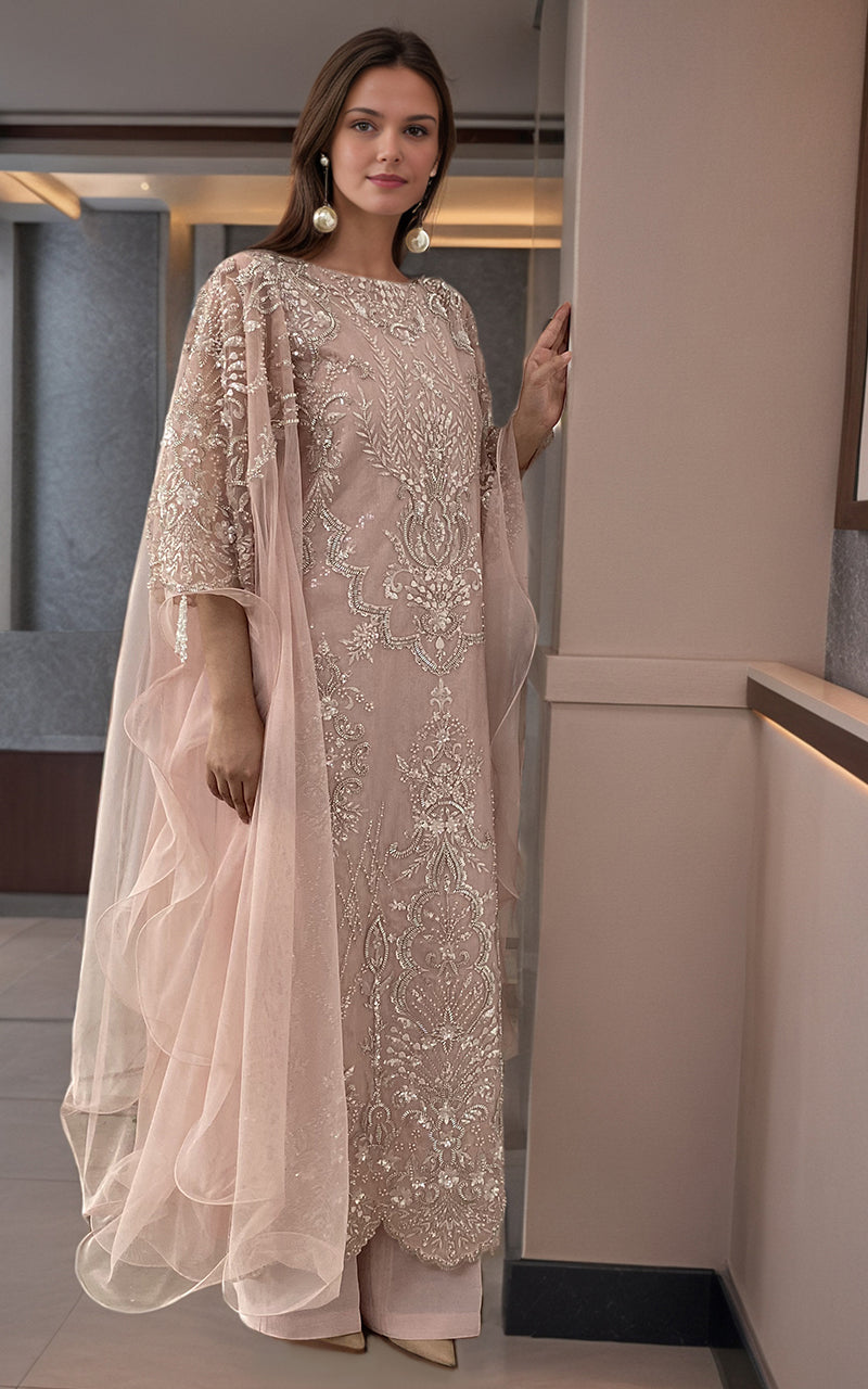 Blush Pink Embroidered Net Cape-Sleeve Dress (2-Piece) - Image 1