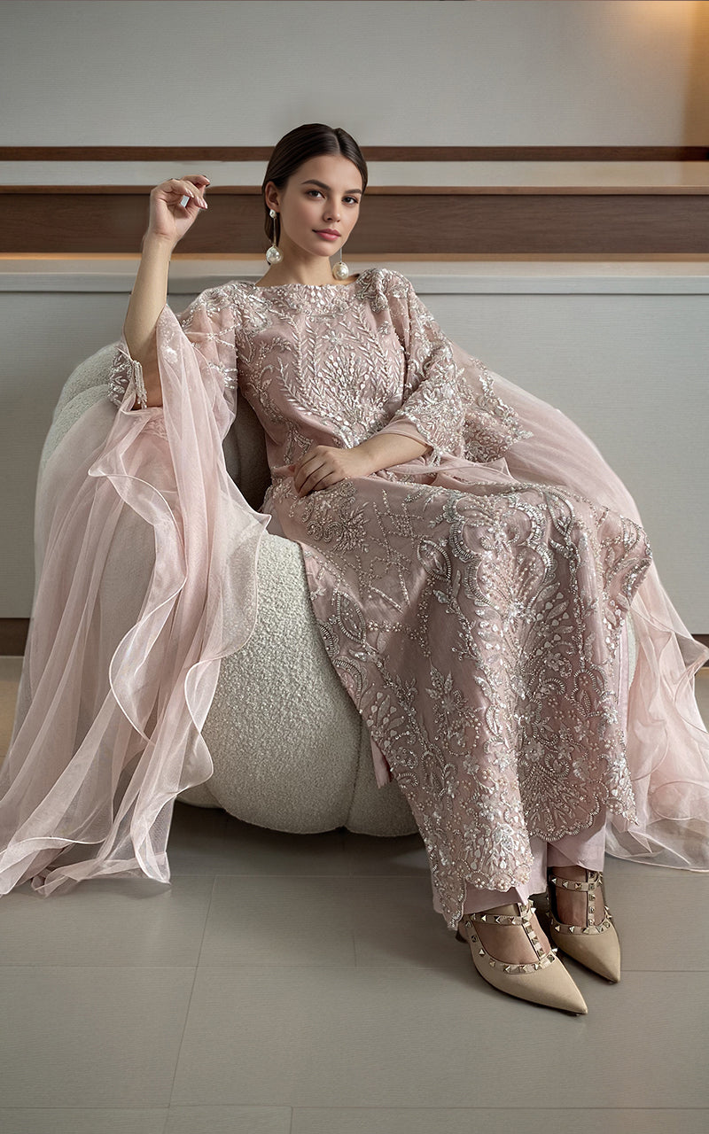 Blush Pink Embroidered Net Cape-Sleeve Dress (2-Piece) - Image 2