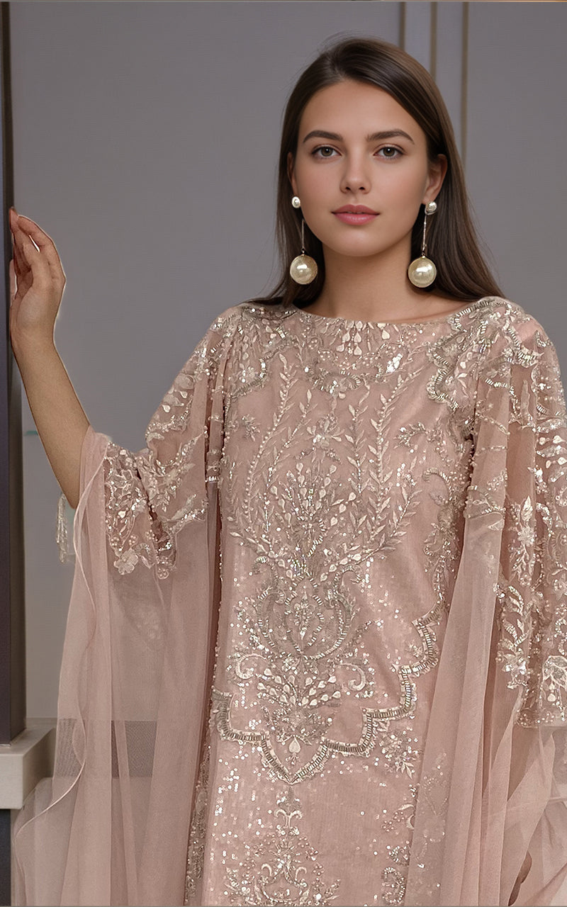 Blush Pink Embroidered Net Cape-Sleeve Dress (2-Piece) - Image 3