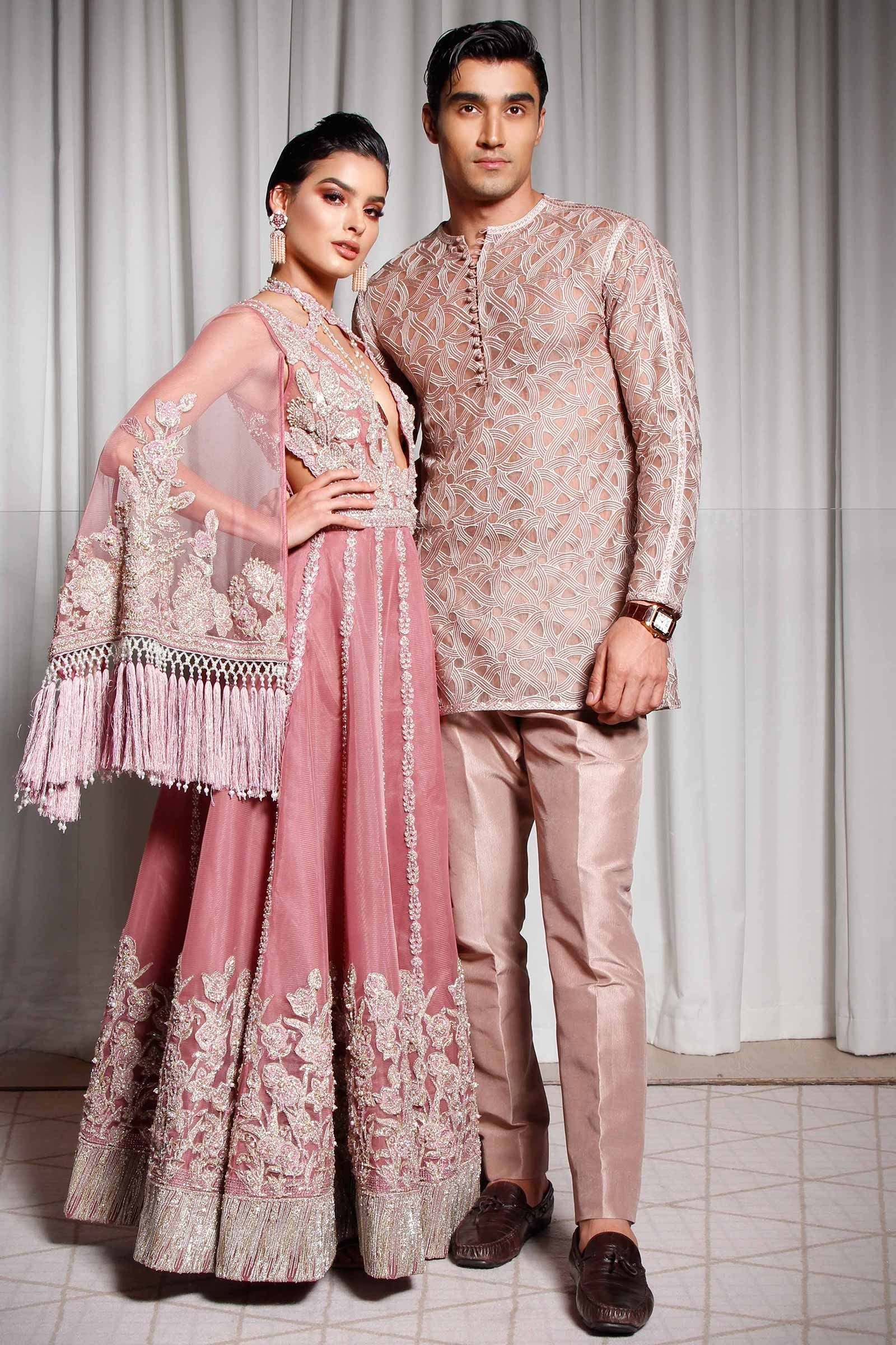 Misty Rose Embroidered Net Cape Dress (2-Piece) - Image 1