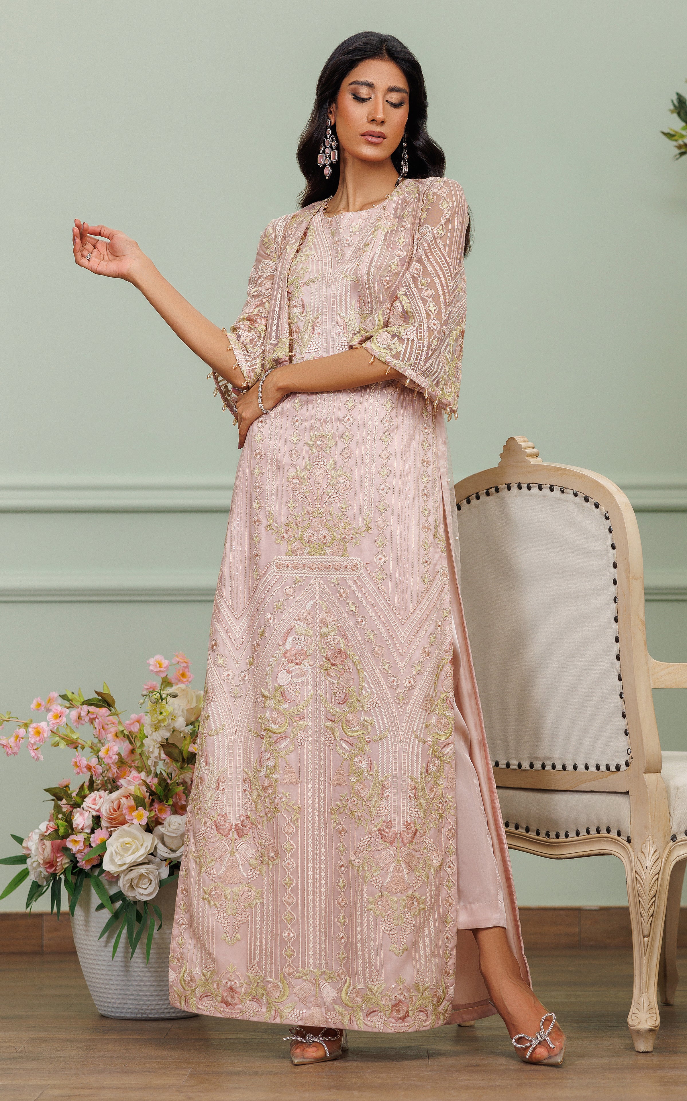 Blush Pink Embroidered Net Cape Dress (3-Piece) - Image 1