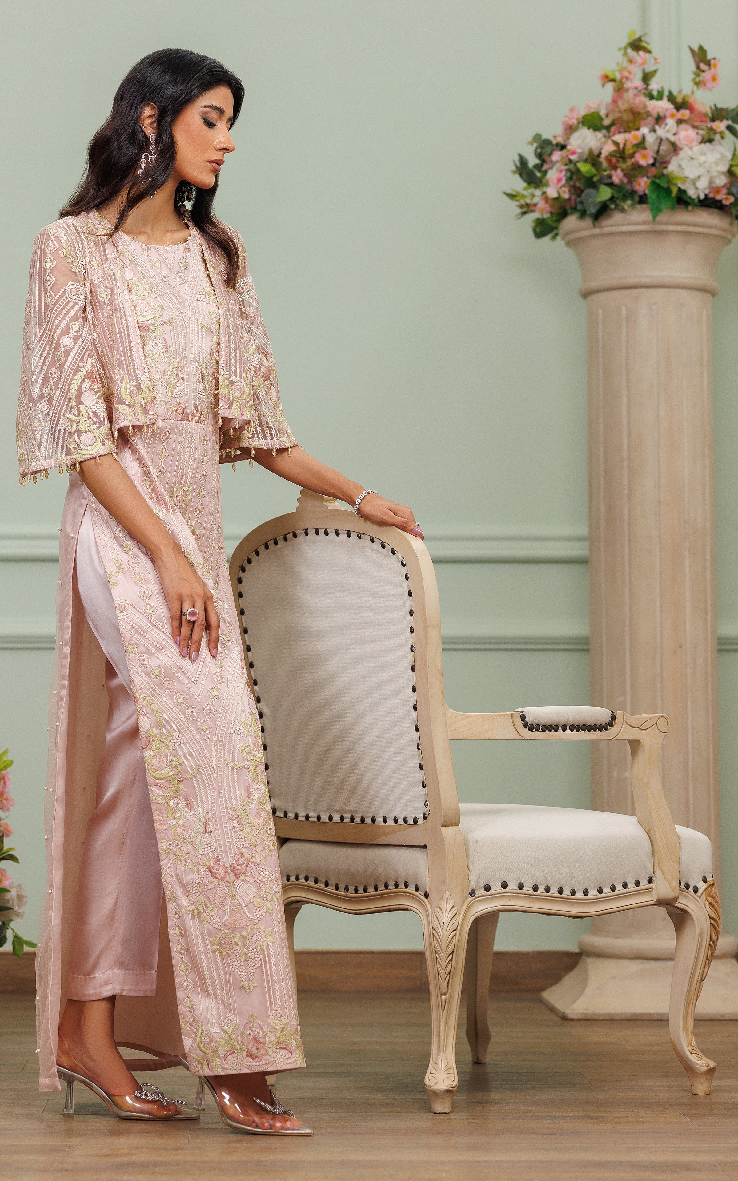 Blush Pink Embroidered Net Cape Dress (3-Piece) - Image 2