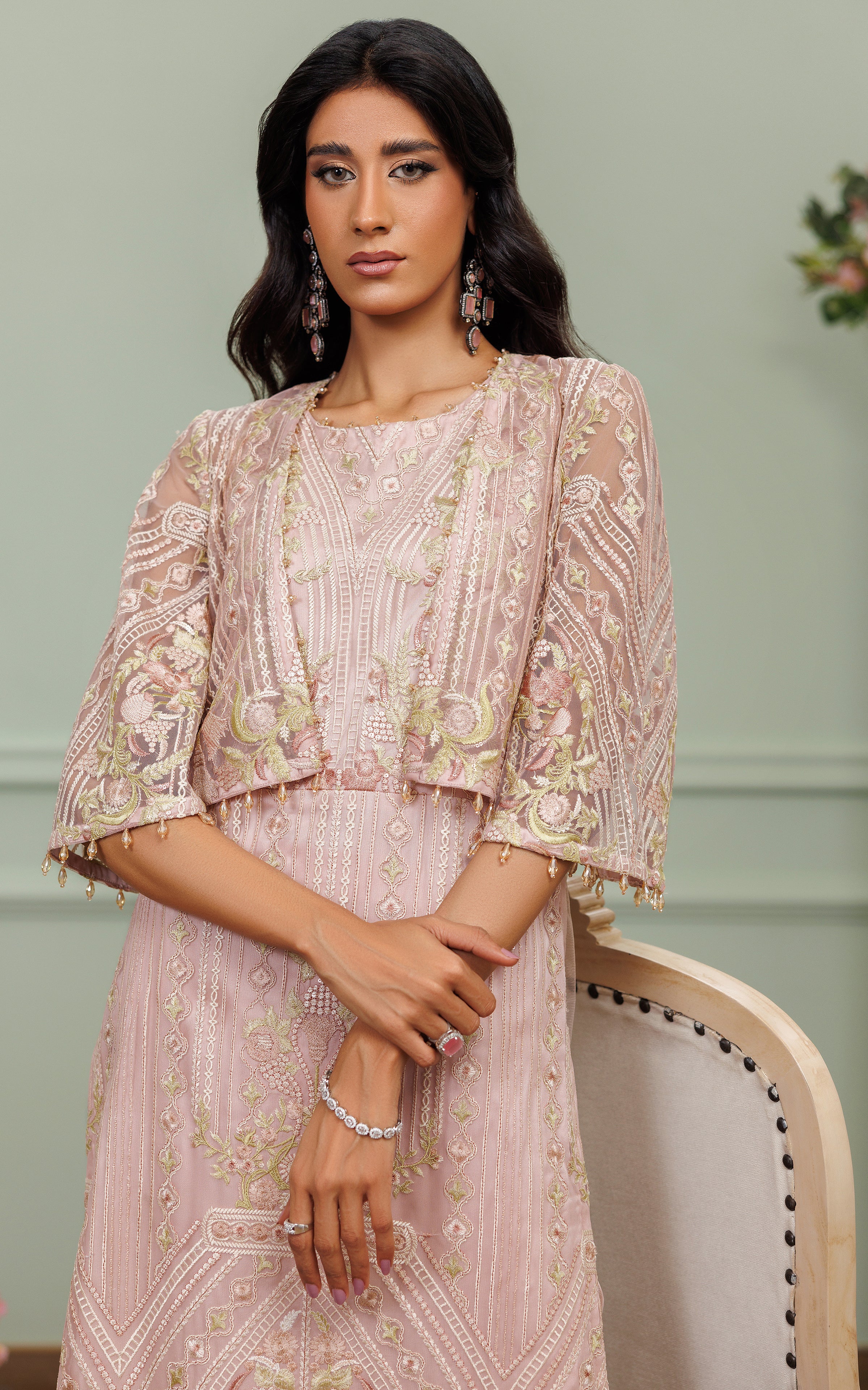 Blush Pink Embroidered Net Cape Dress (3-Piece) - Image 3