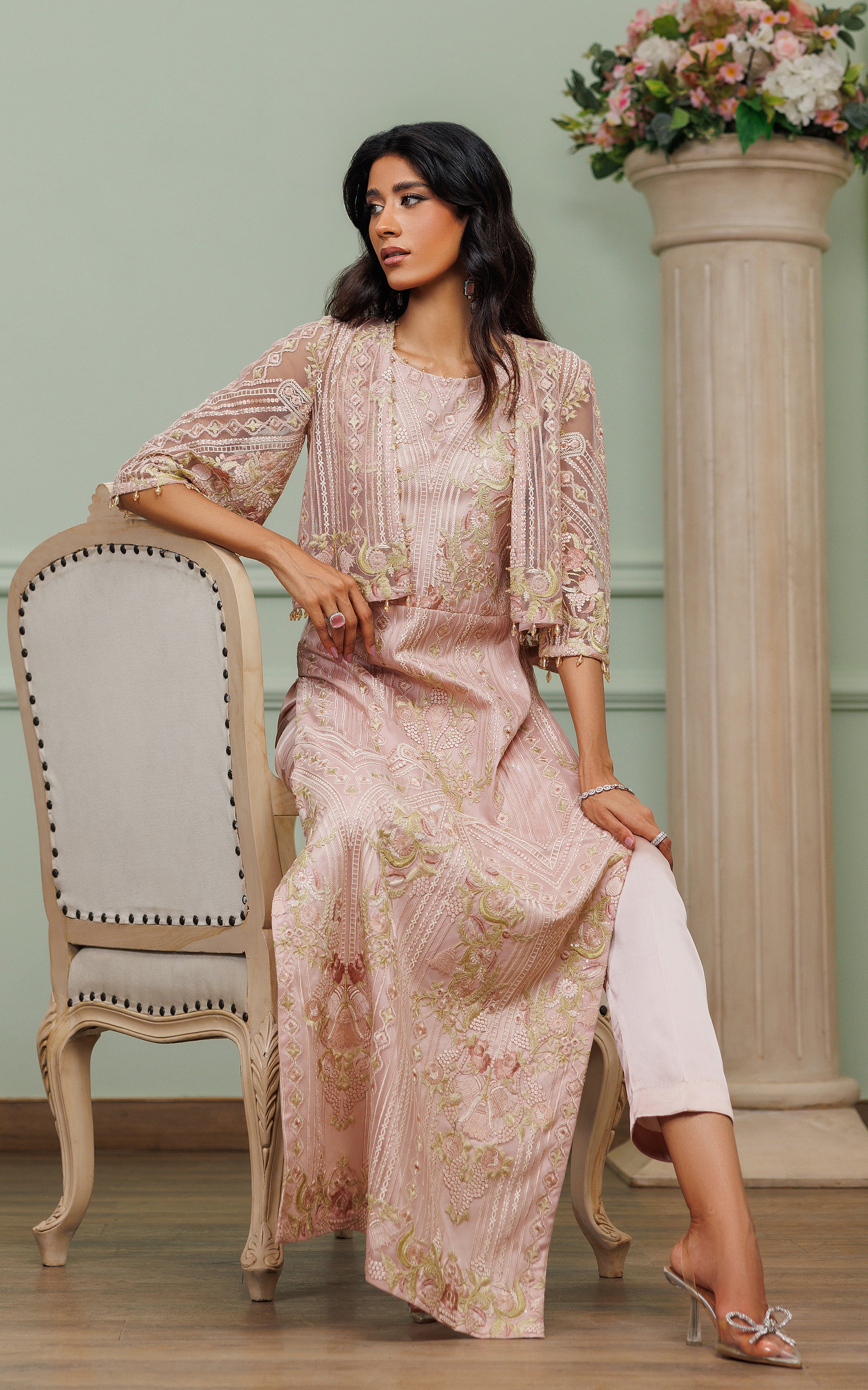Blush Pink Embroidered Net Cape Dress (3-Piece) - Image 4