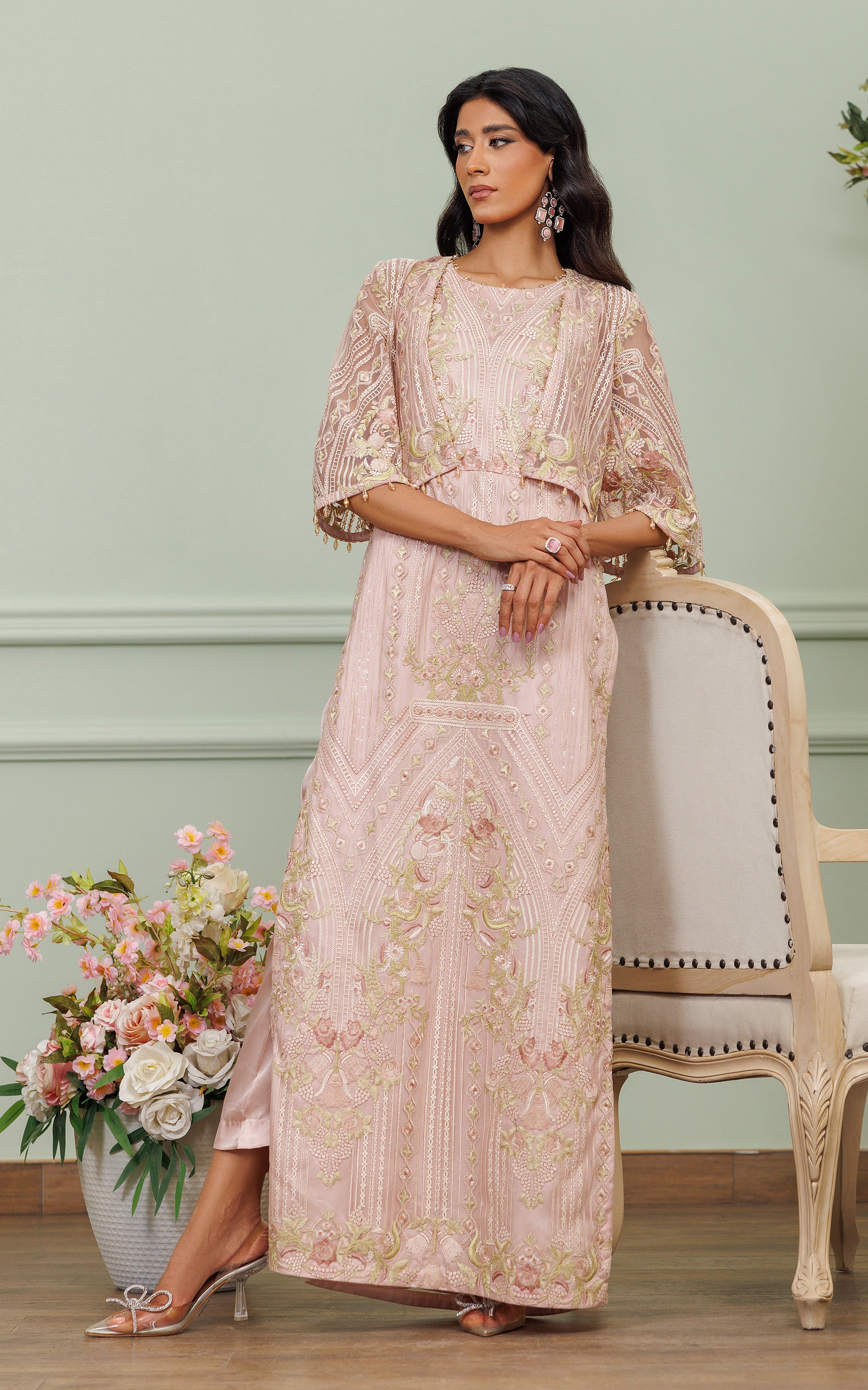 Blush Pink Embroidered Net Cape Dress (3-Piece) - Image 5