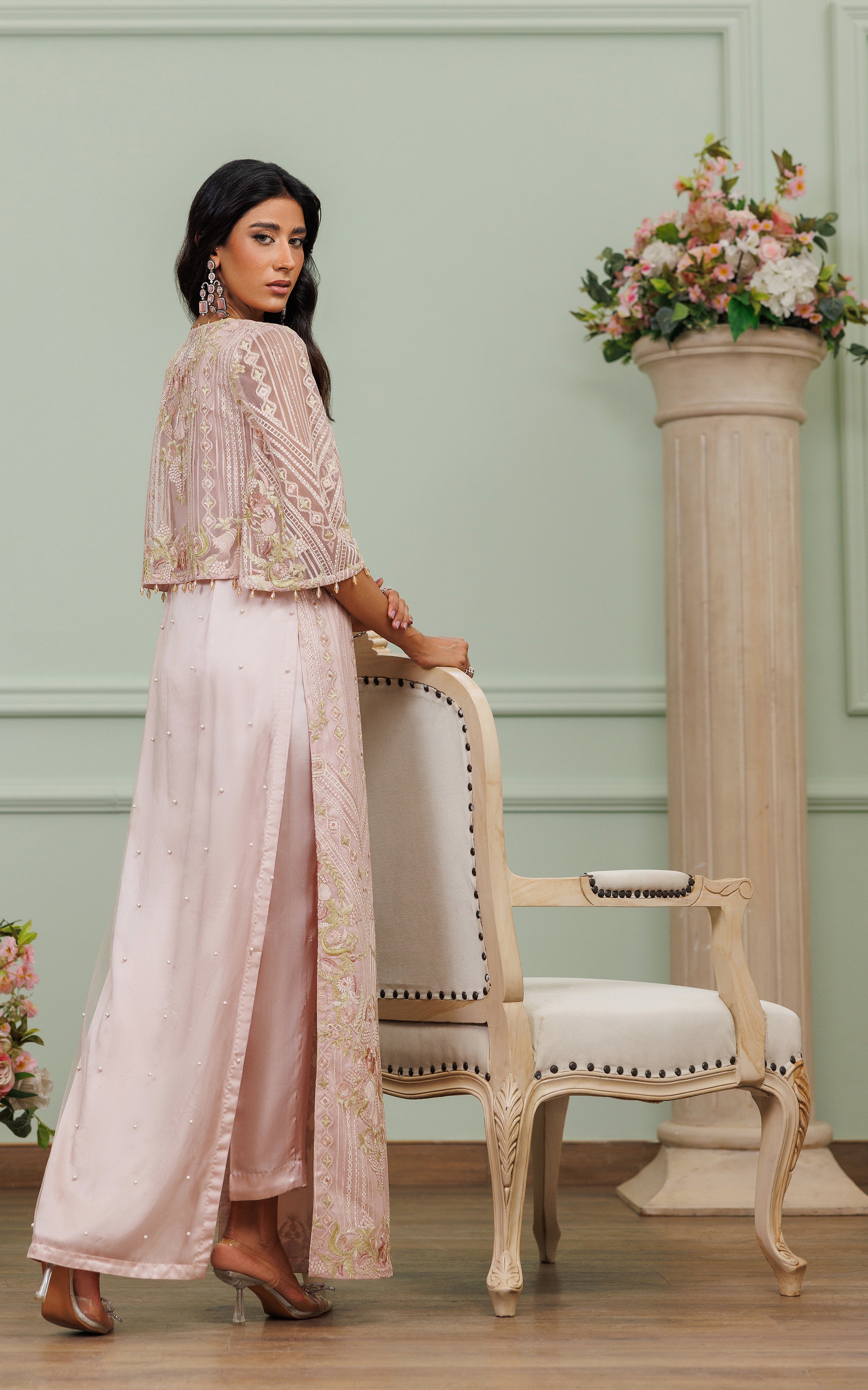 Blush Pink Embroidered Net Cape Dress (3-Piece) - Image 6