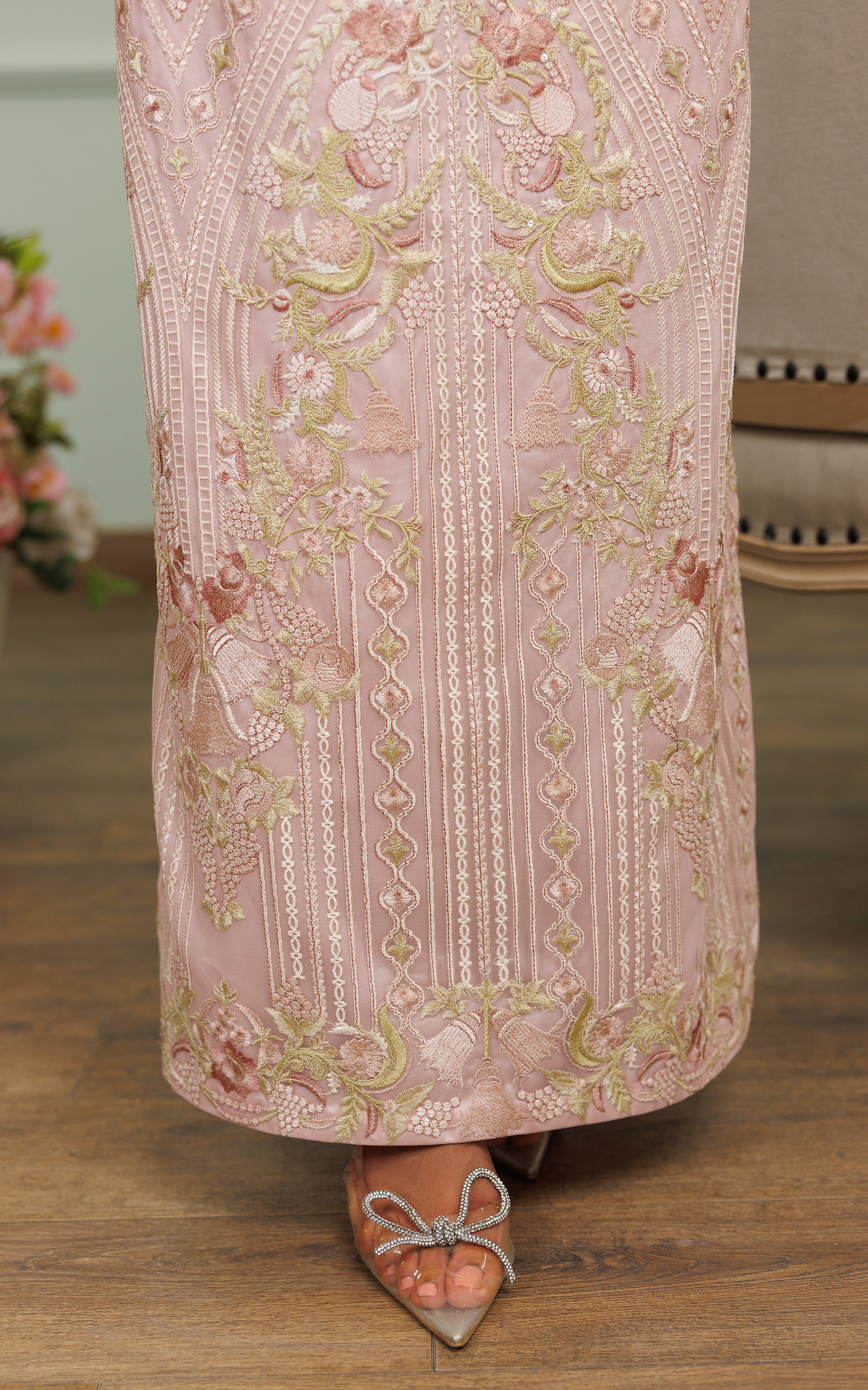 Blush Pink Embroidered Net Cape Dress (3-Piece) - Image 7