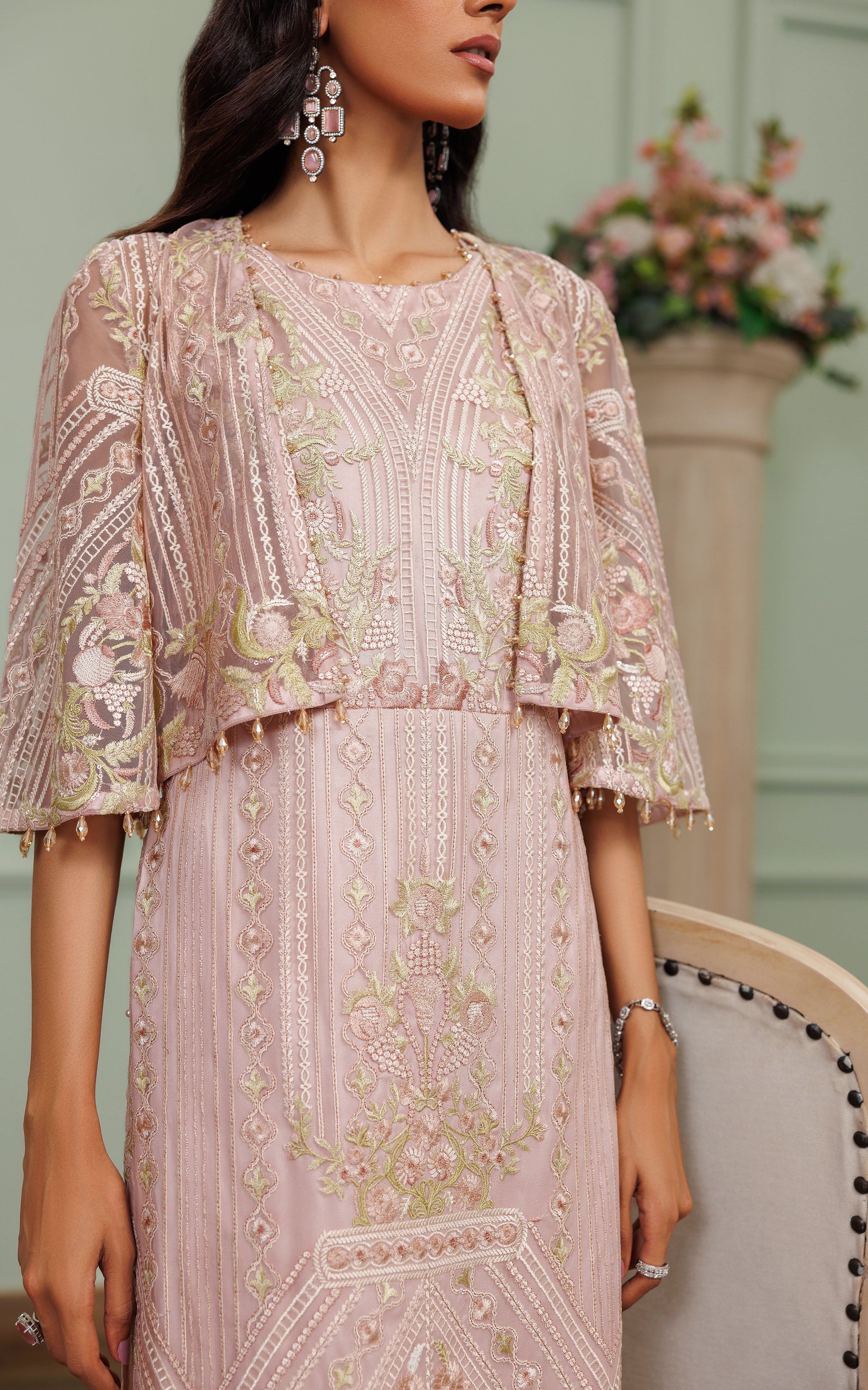 Blush Pink Embroidered Net Cape Dress (3-Piece) - Image 8