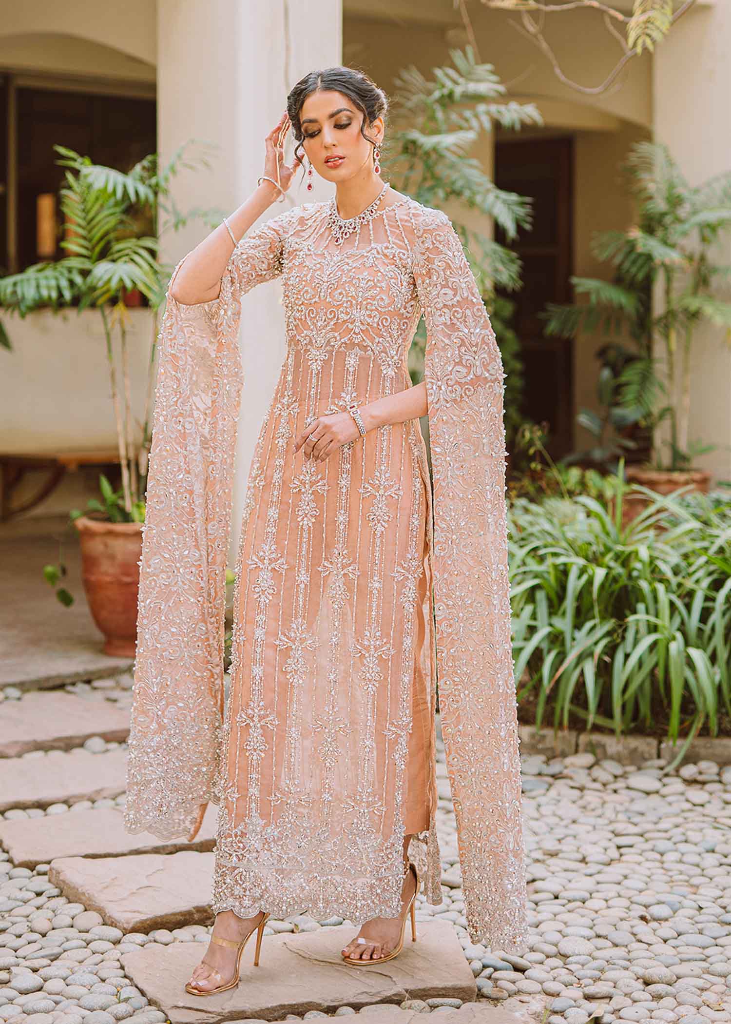 Indian Peach Embellished Organza Cape Dress (2-Piece) - Image 2