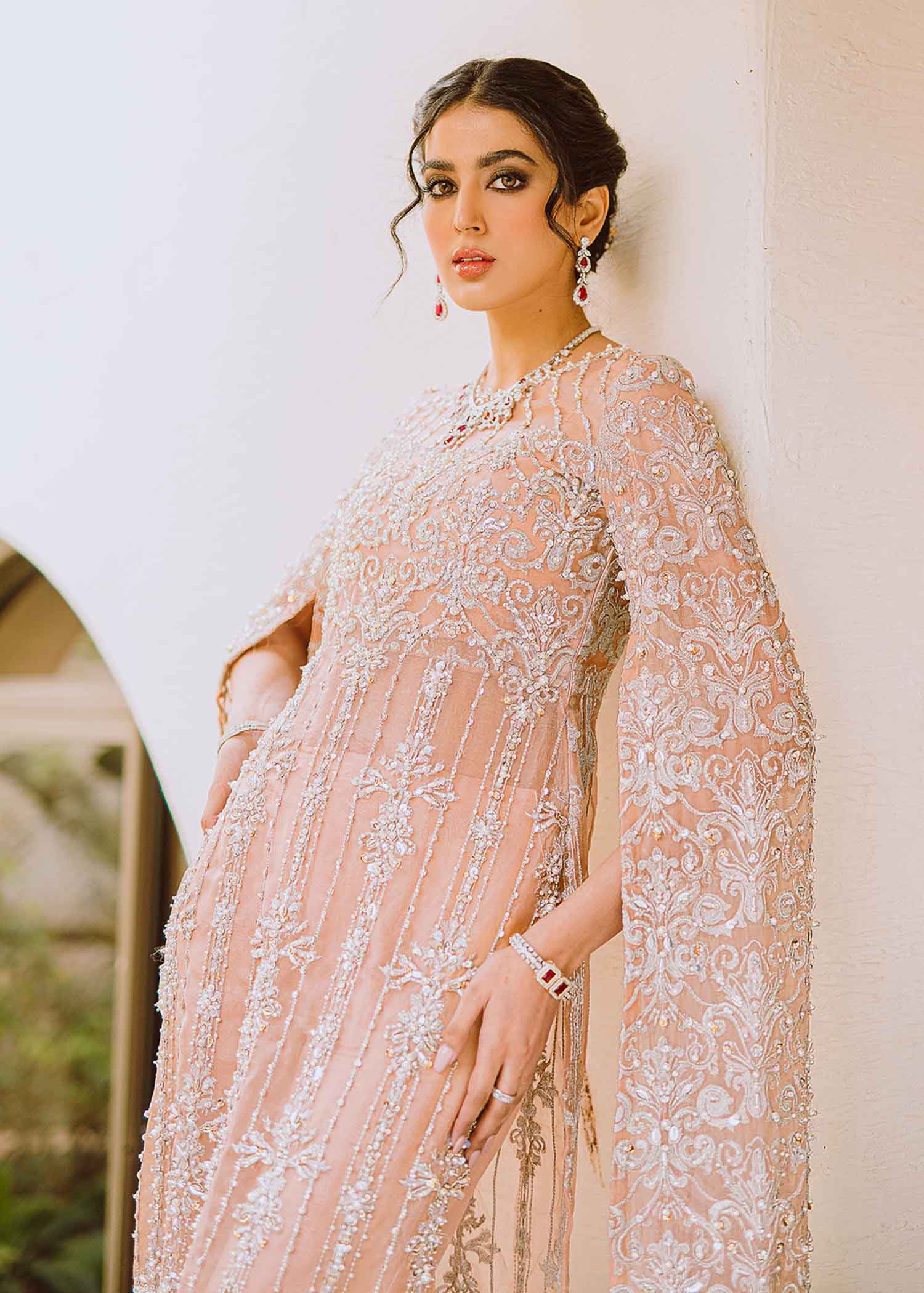 Indian Peach Embellished Organza Cape Dress (2-Piece) - Image 5