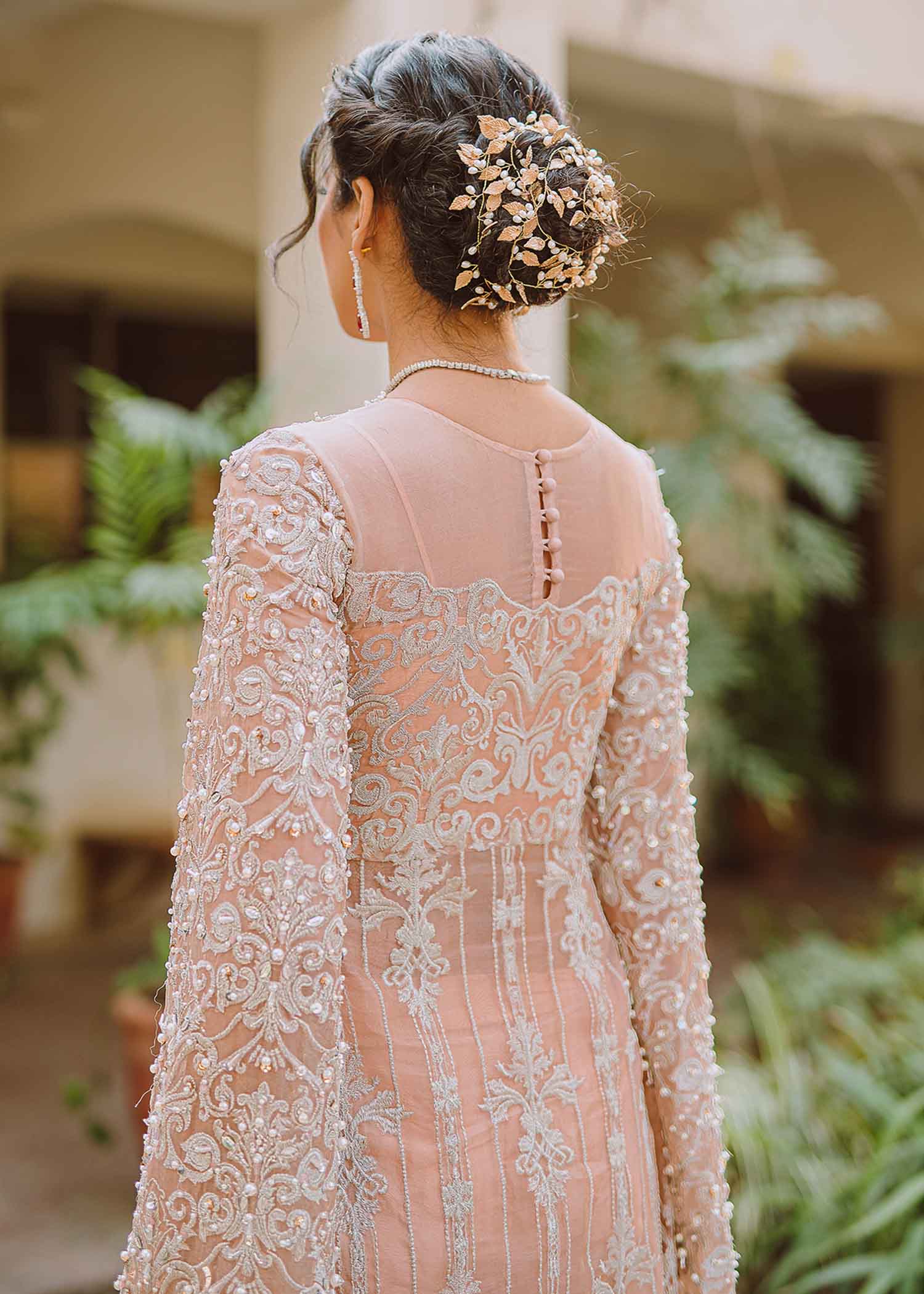 Indian Peach Embellished Organza Cape Dress (2-Piece) - Image 7