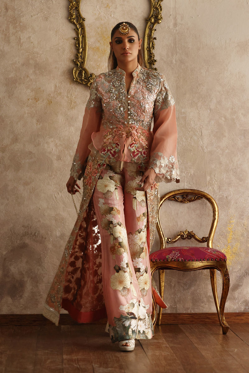 Blush Pink Embroidered Organza Long Jacket (2-Piece) - Image 1