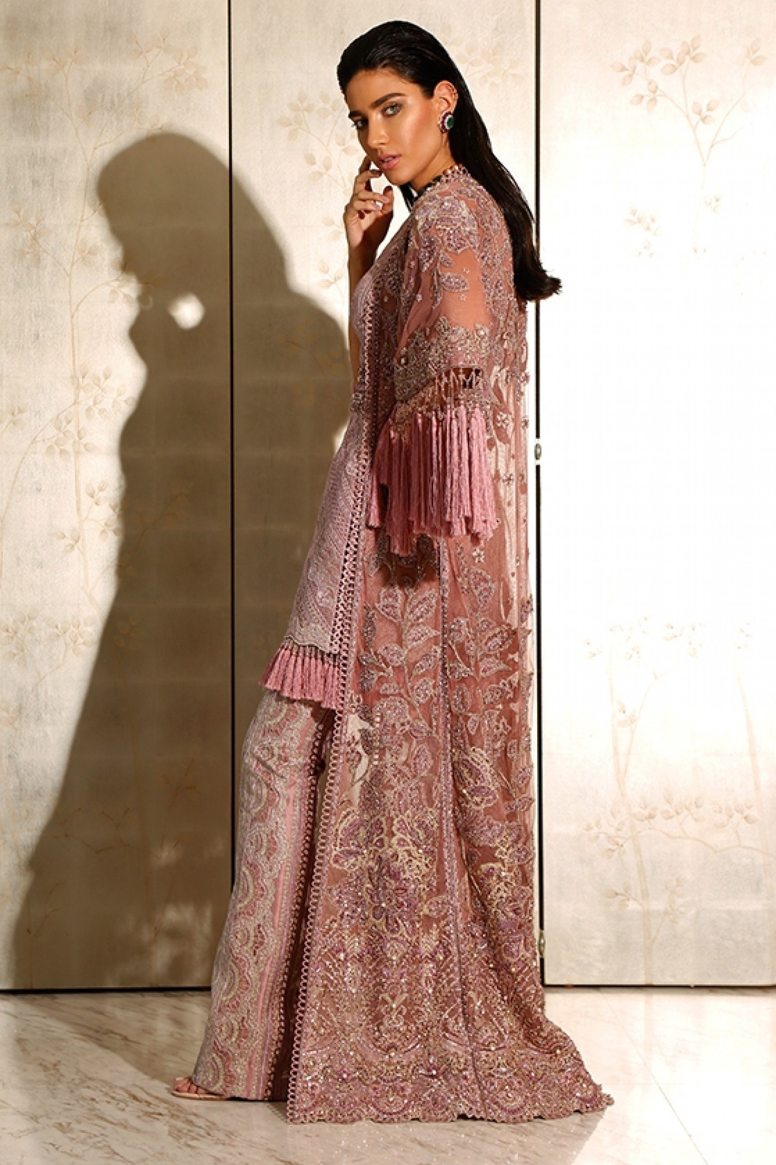 Dusty Rose Embroidered Net Organza Cape Dress (3-Piece) - Image 1