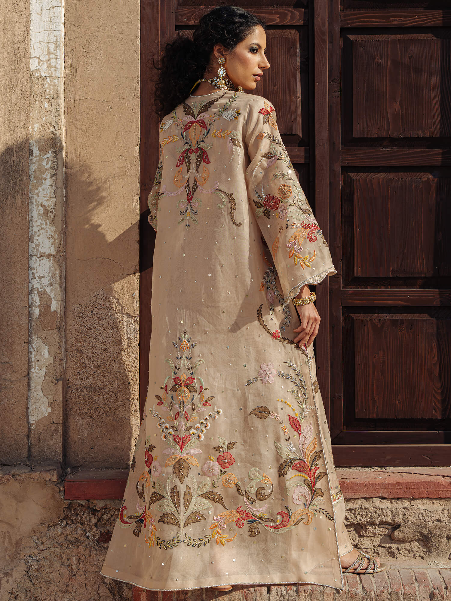 Pale Peach Embroidered Organza Cape Dress (3-Piece) - Image 4