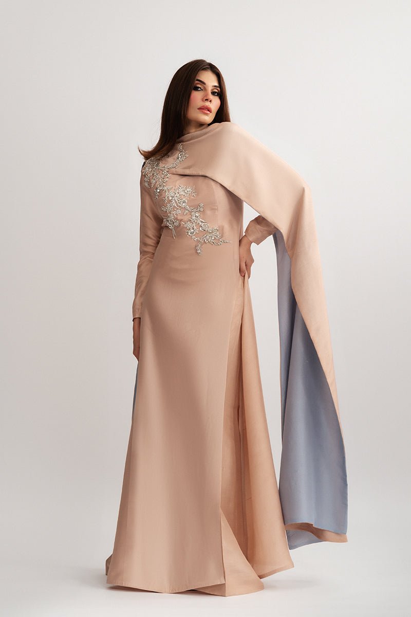 Pakistani Blush Pink Embellished Raw Silk Cape Dress (2-Piece) - Image 2