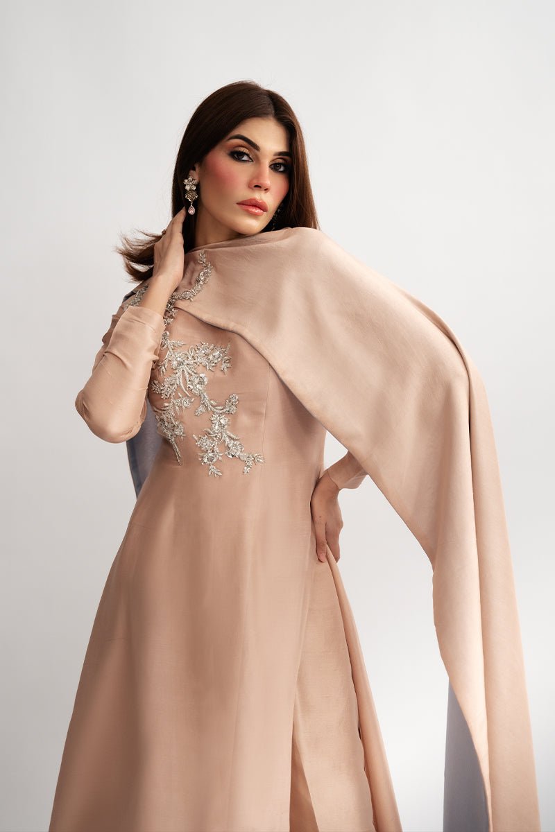 Pakistani Blush Pink Embellished Raw Silk Cape Dress (2-Piece) - Image 4