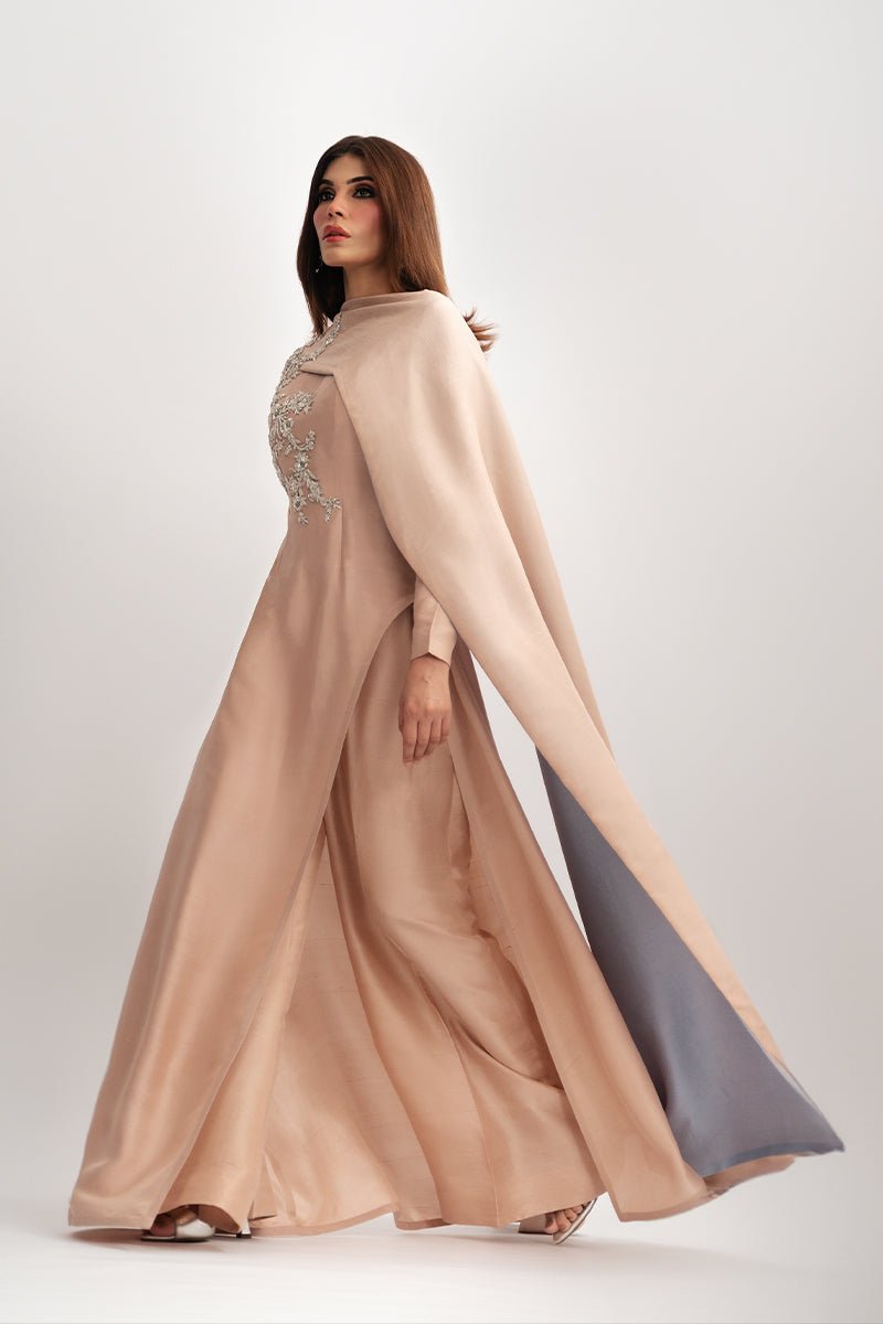 Blush Pink Embellished Raw Silk Cape Dress (2-Piece) - Image 4