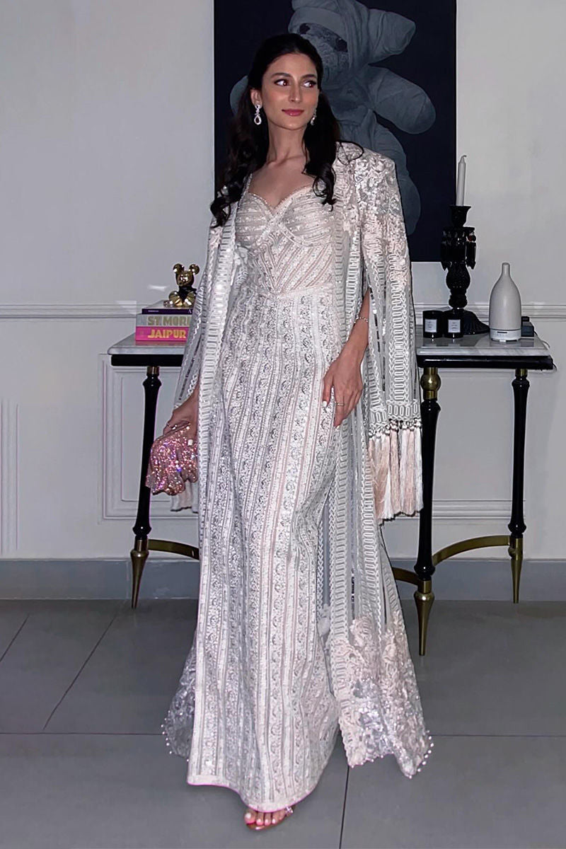 Pakistani Pastel Pink & White Silk-Thread Embroidered Cape Dress (2-Piece) - Image 1