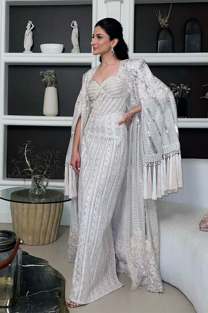 Pakistani Pastel Pink & White Silk-Thread Embroidered Cape Dress (2-Piece) - Image 2