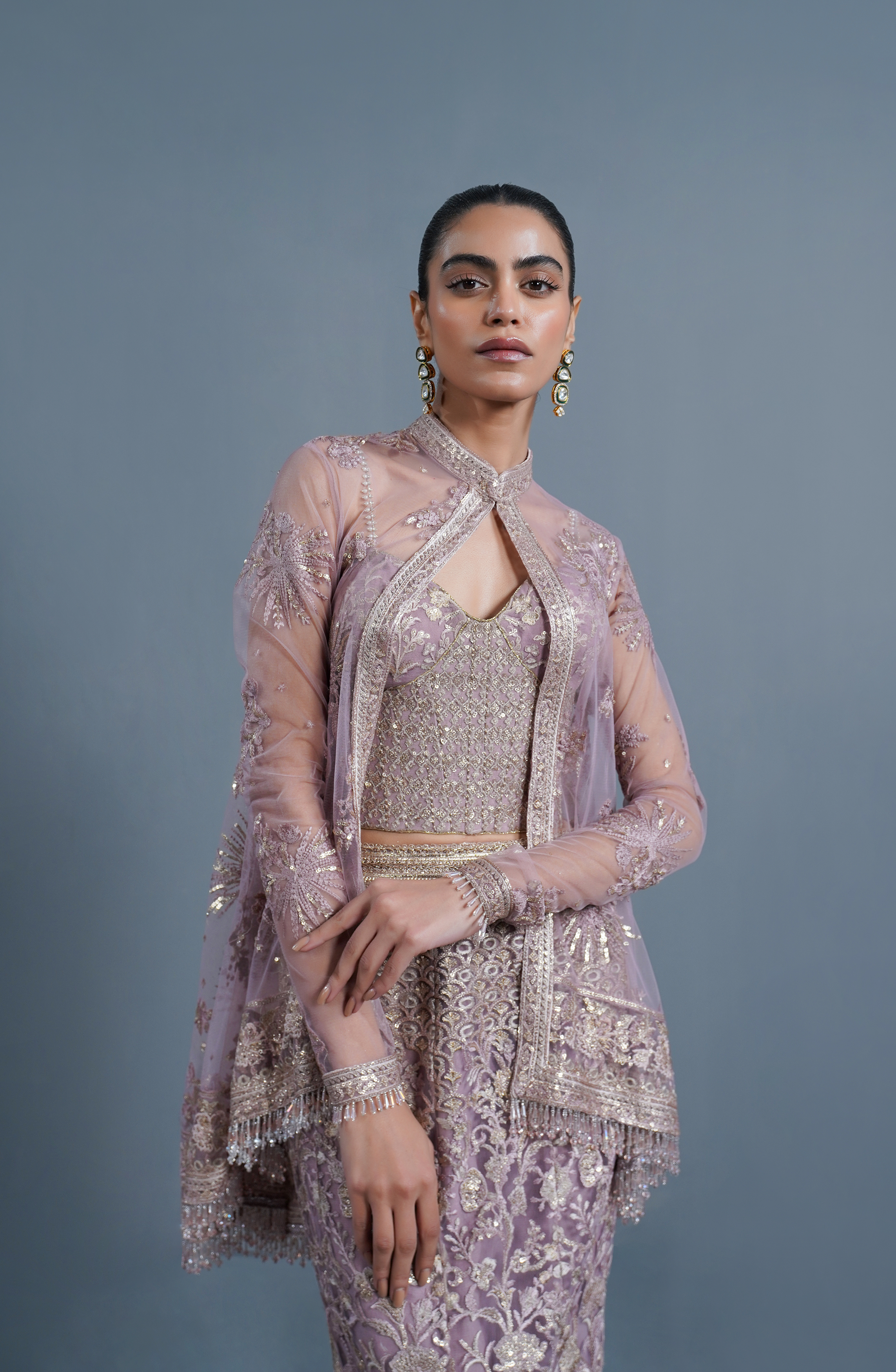 Smokey Rose Embroidered Net Cape & Mermaid Skirt (3-Piece) - Image 1