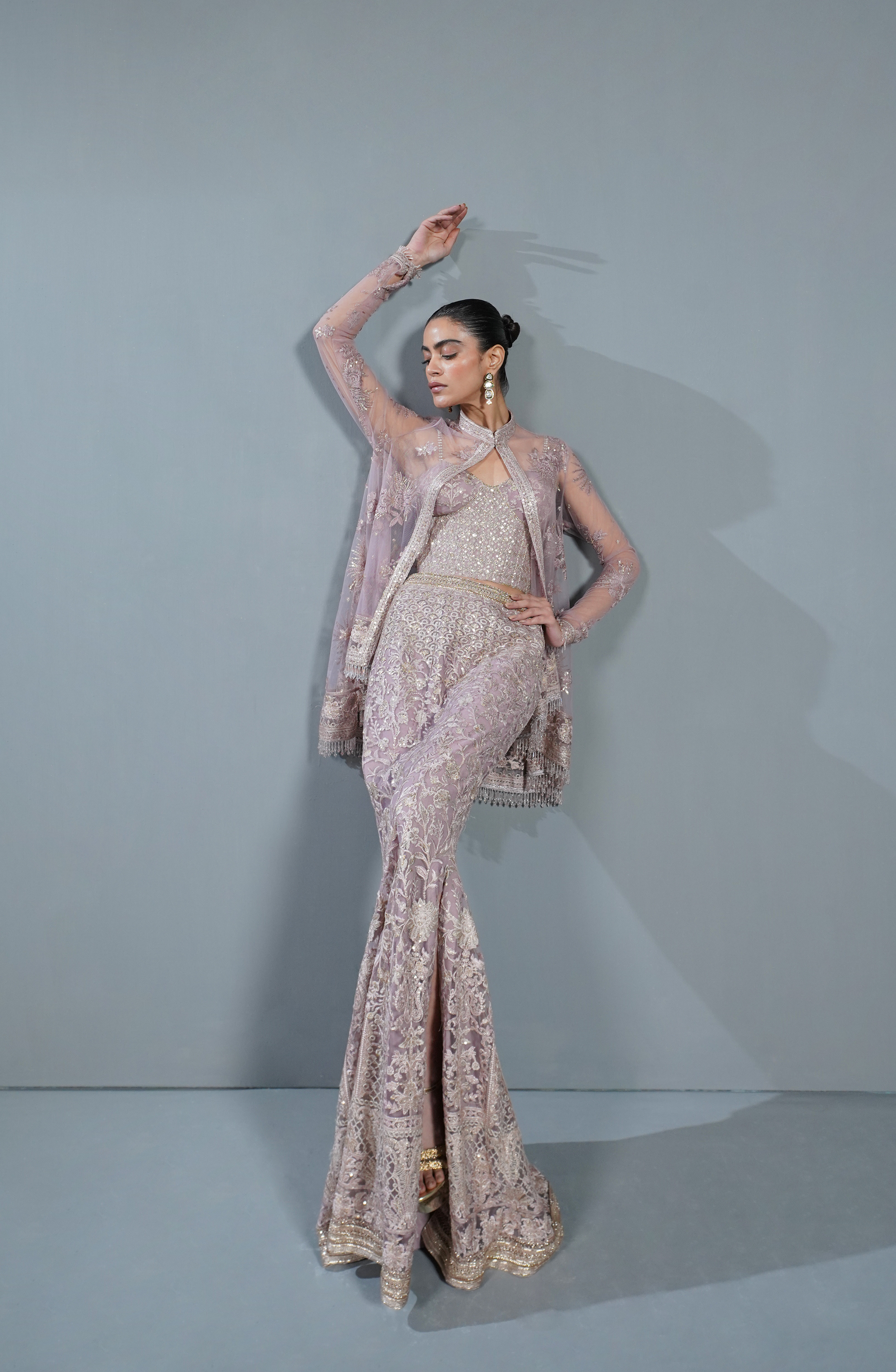 Smokey Rose Embroidered Net Cape & Mermaid Skirt (3-Piece) - Image 8