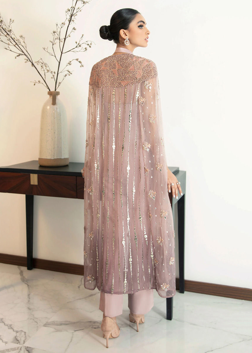 Pakistani Powder Pink Embellished Net Cape with Silk Jumpsuit (2-Piece) - Image 3