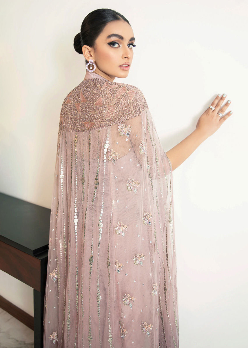Pakistani Powder Pink Embellished Net Cape with Silk Jumpsuit (2-Piece) - Image 4