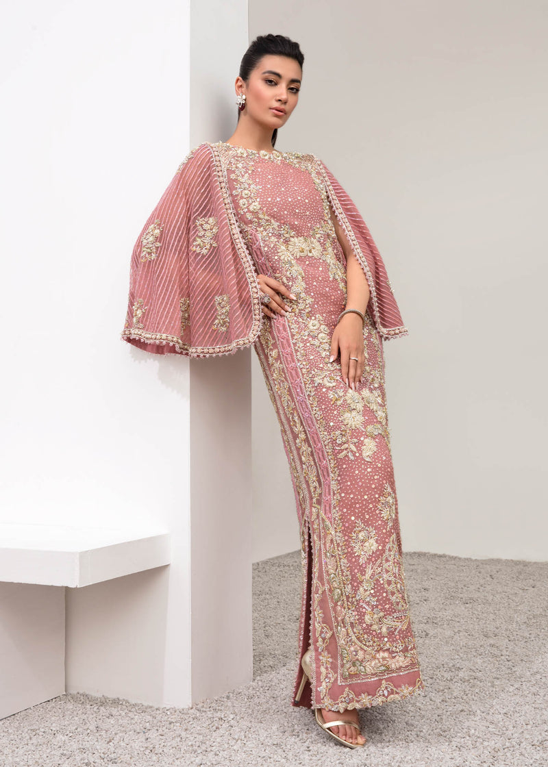 Indian Pink Embroidered Net Organza Cape Dress (2-Piece) - Image 1