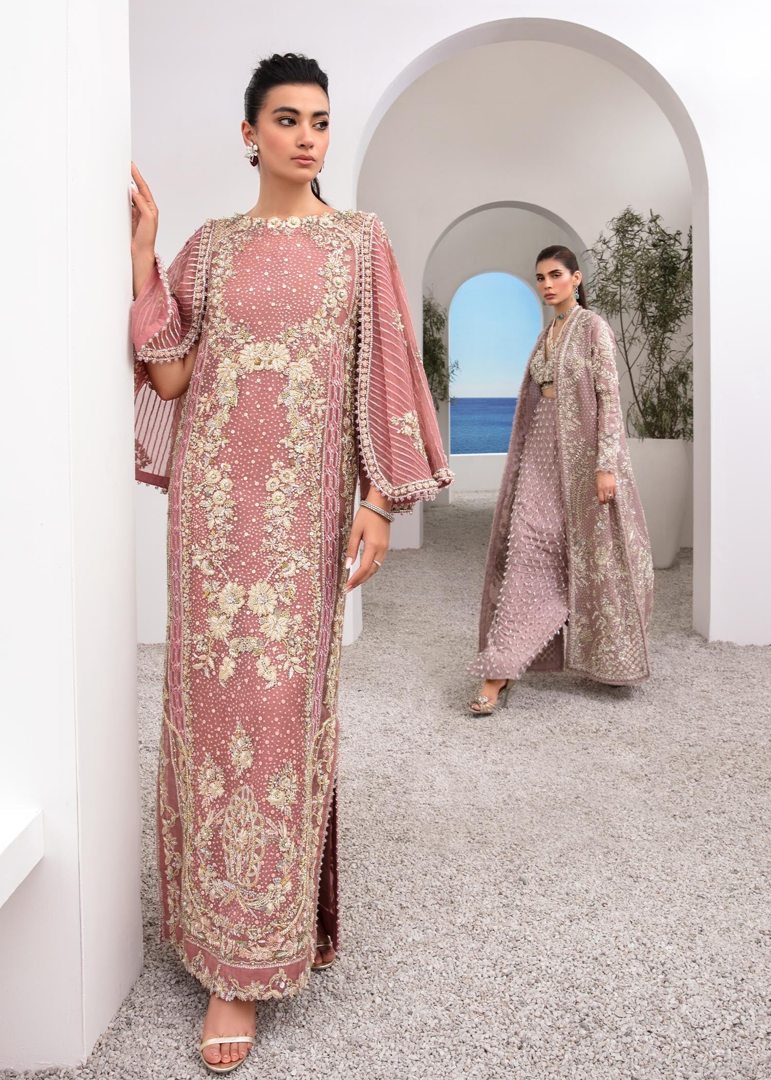 Indian Pink Embroidered Net Organza Cape Dress (2-Piece) - Image 11