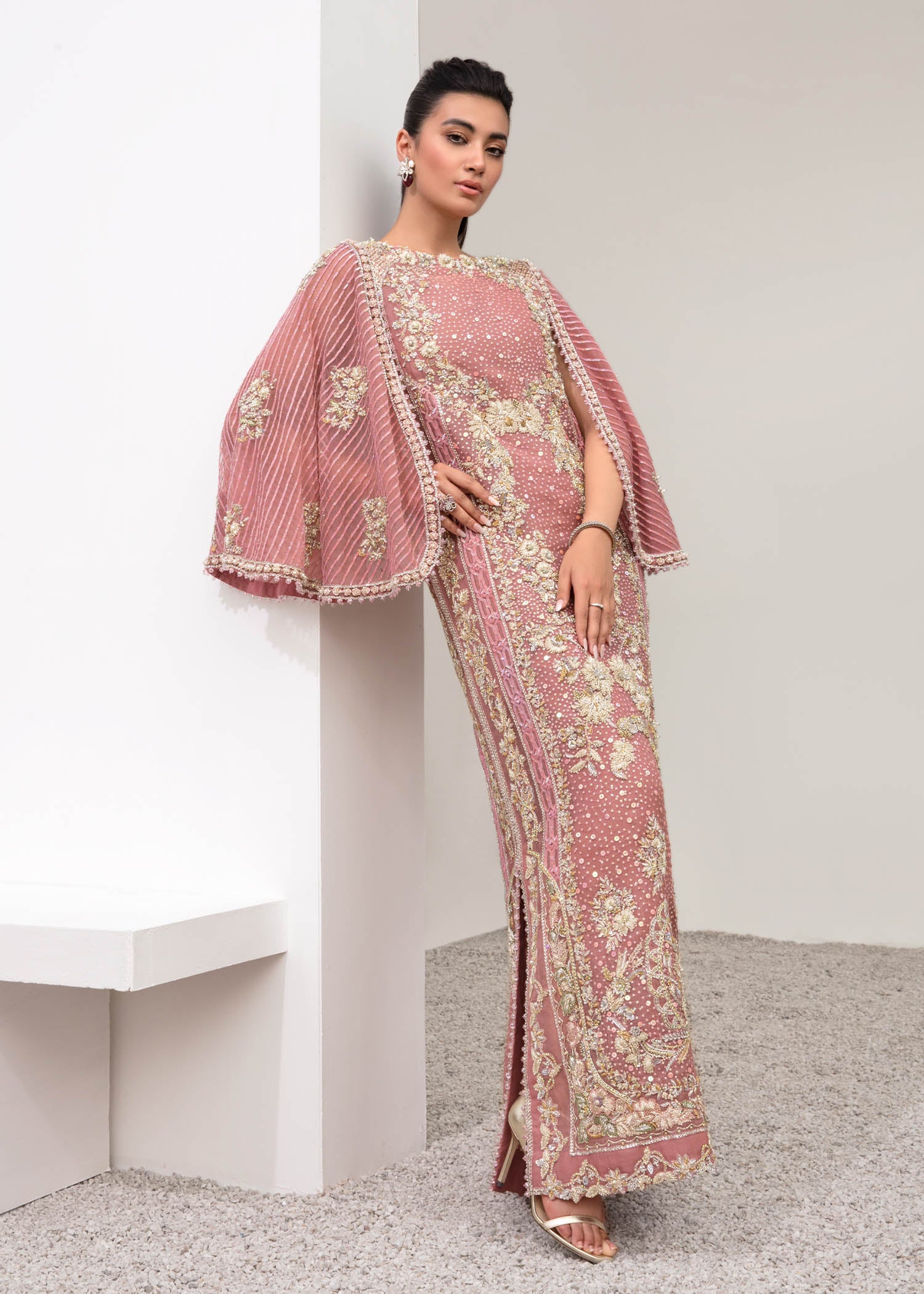 Indian Pink Embroidered Net Organza Cape Dress (2-Piece) - Image 2