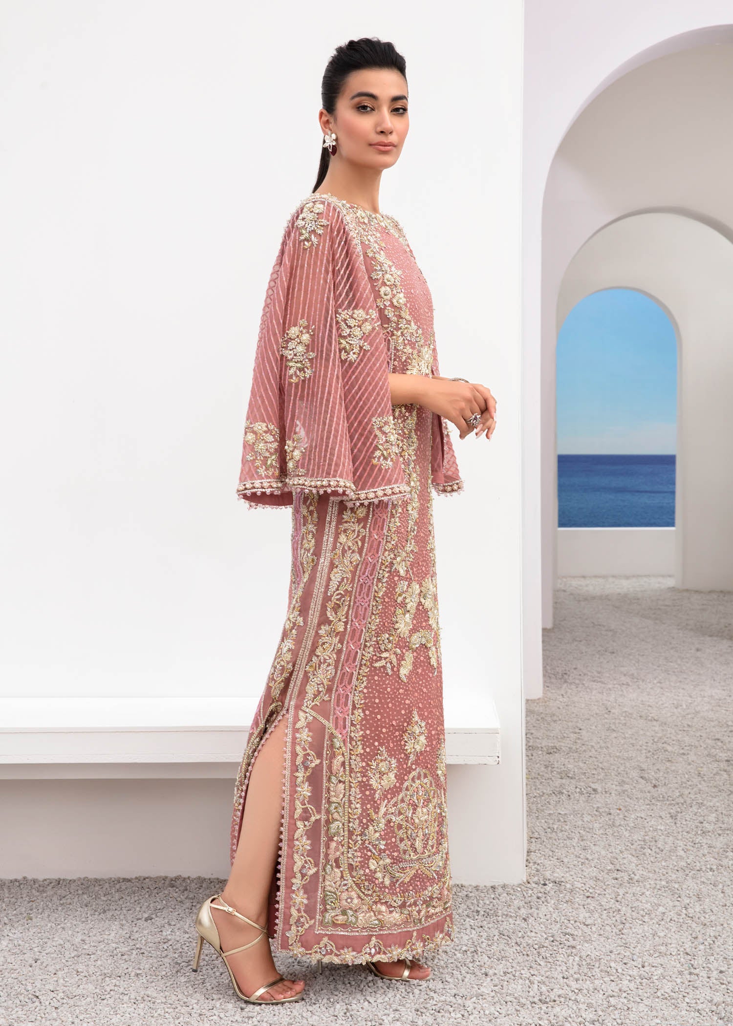Indian Pink Embroidered Net Organza Cape Dress (2-Piece) - Image 3