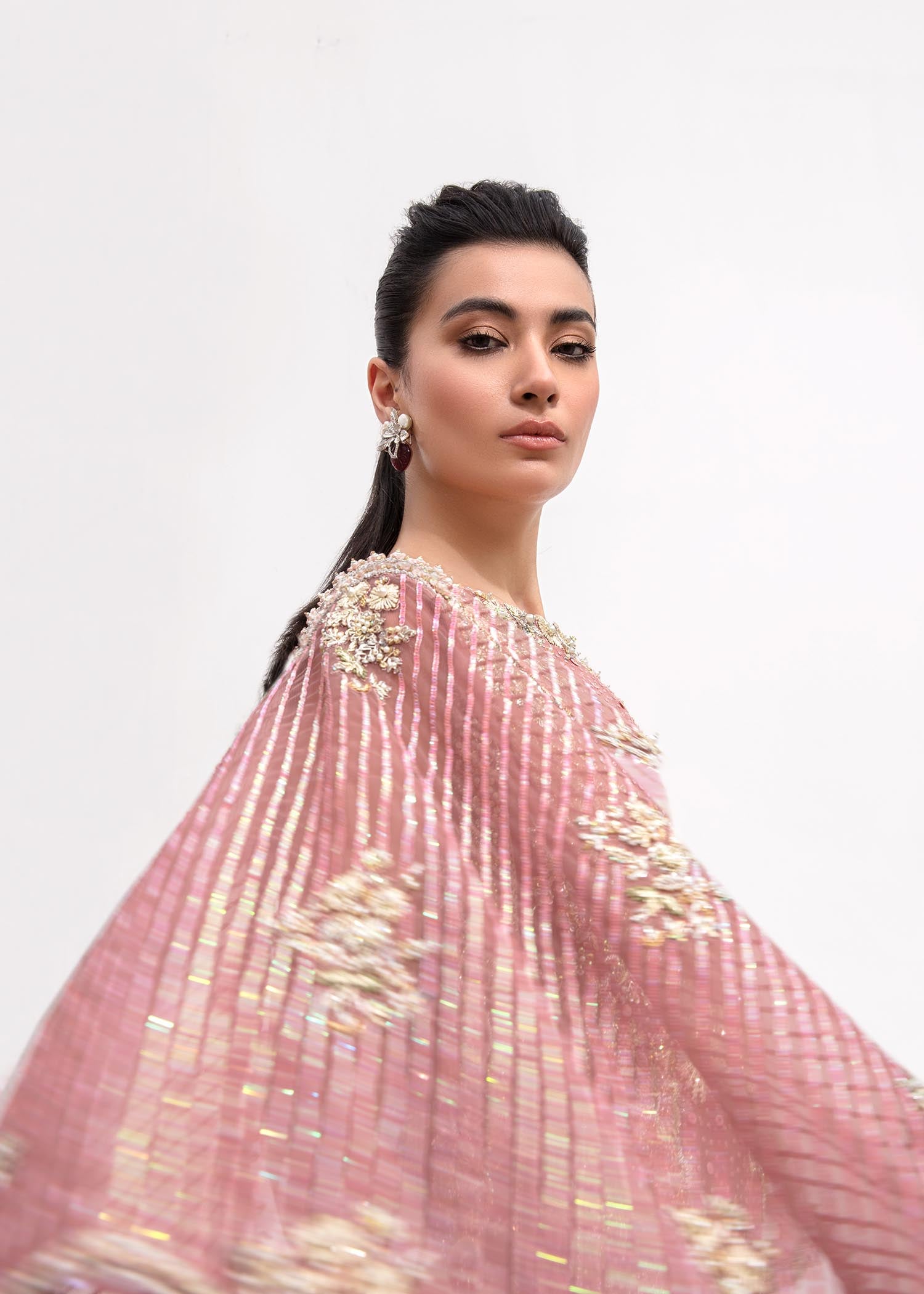 Indian Pink Embroidered Net Organza Cape Dress (2-Piece) - Image 4