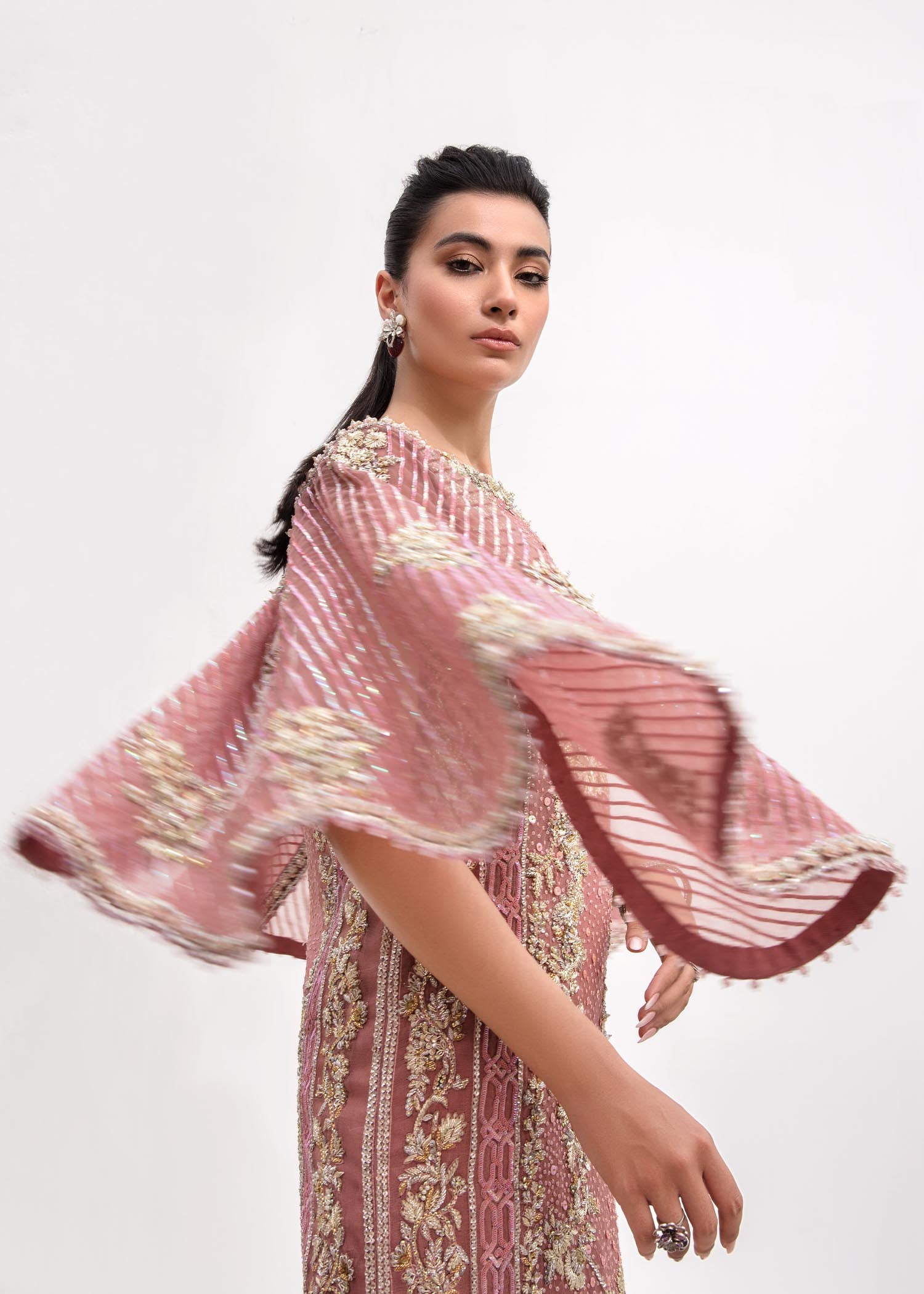 Indian Pink Embroidered Net Organza Cape Dress (2-Piece) - Image 5