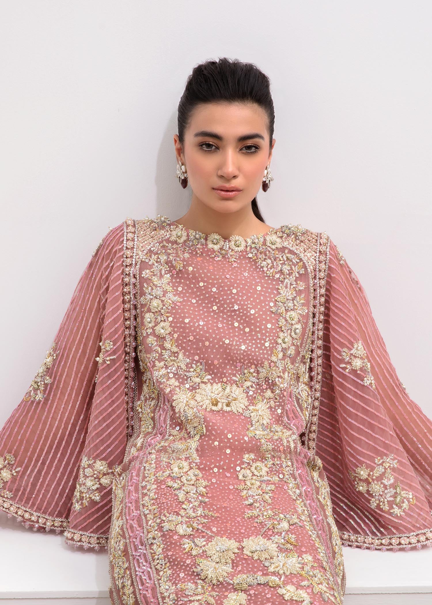 Indian Pink Embroidered Net Organza Cape Dress (2-Piece) - Image 6