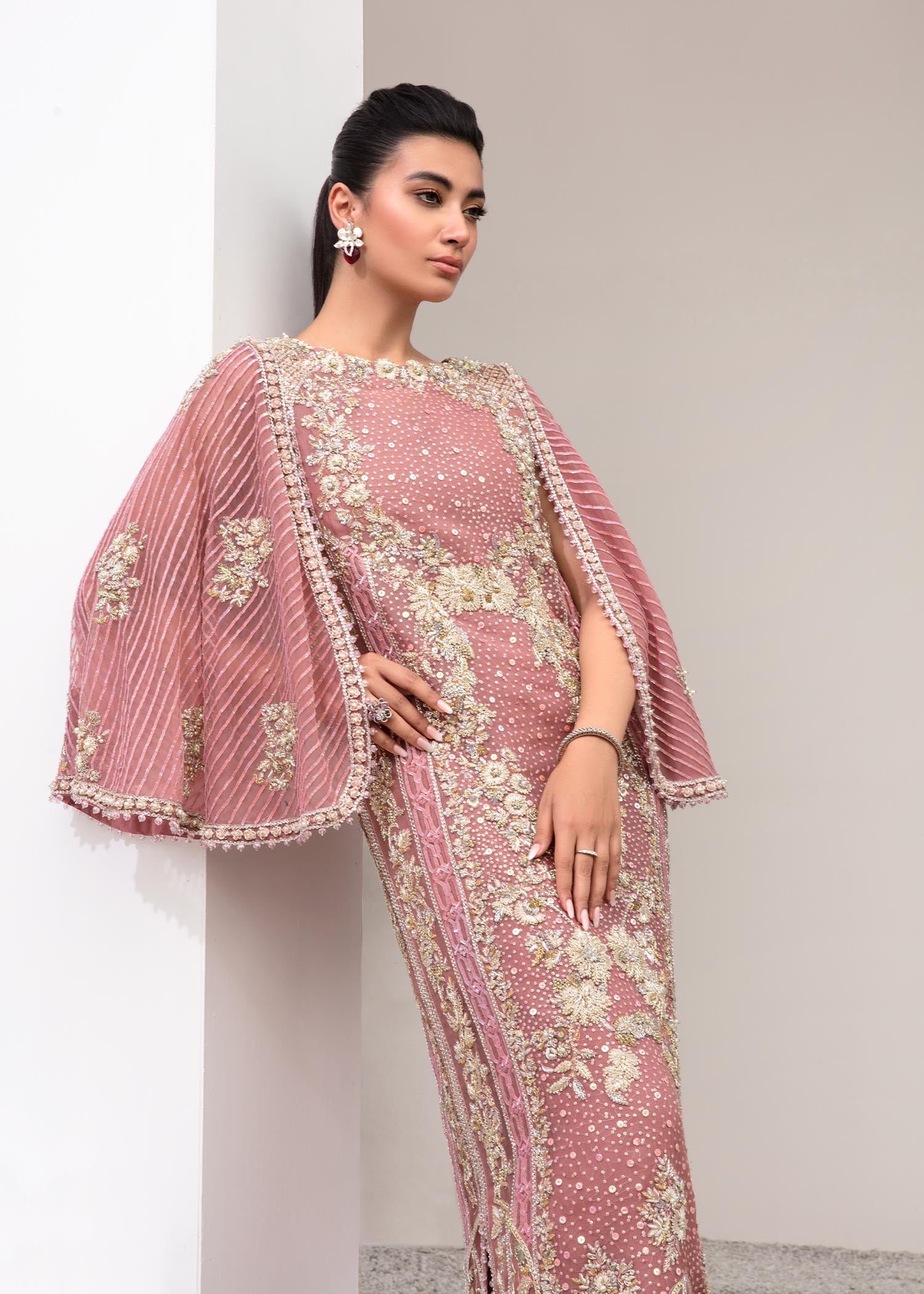 Indian Pink Embroidered Net Organza Cape Dress (2-Piece) - Image 7