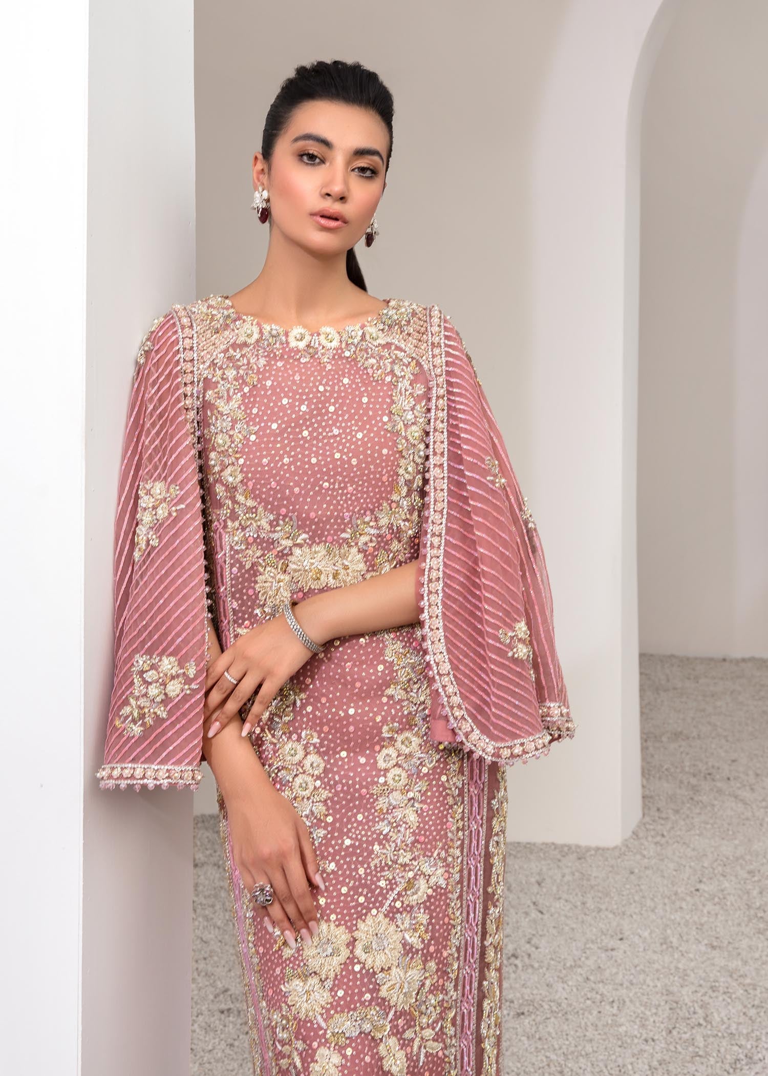 Indian Pink Embroidered Net Organza Cape Dress (2-Piece) - Image 8