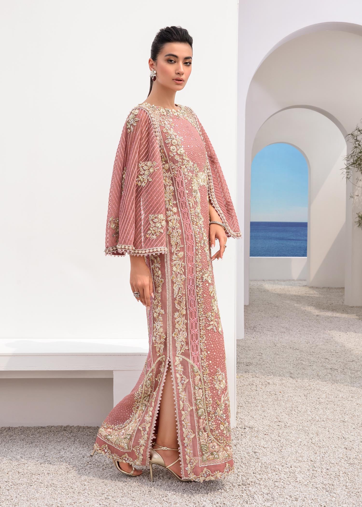 Indian Pink Embroidered Net Organza Cape Dress (2-Piece) - Image 9