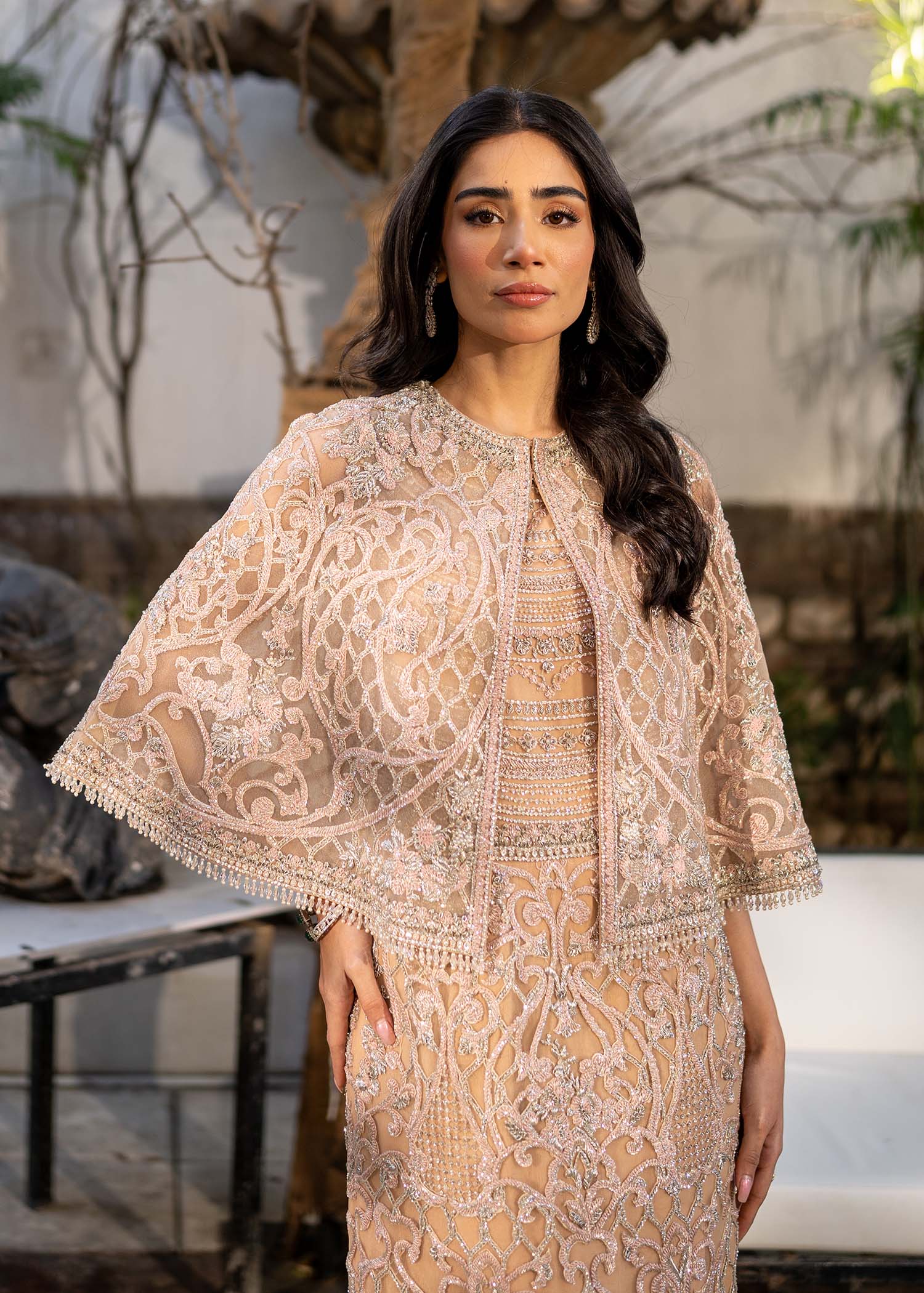 Soft Pink Embroidered Organza Cape and Rawsilk Pants (3-Piece) - Image 5