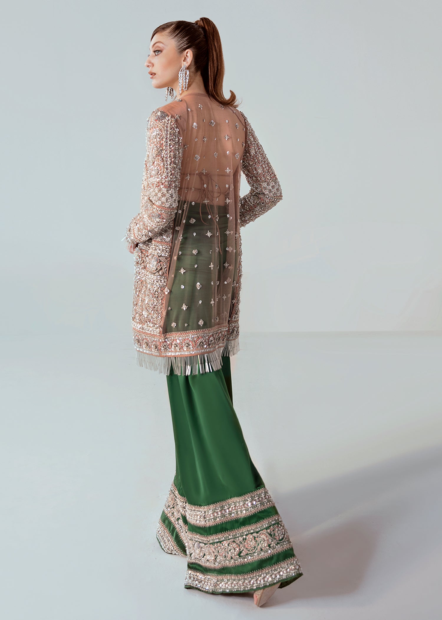 Peach Embroidered Net Jacket with Satin Palazzo (2-Piece) - Image 3