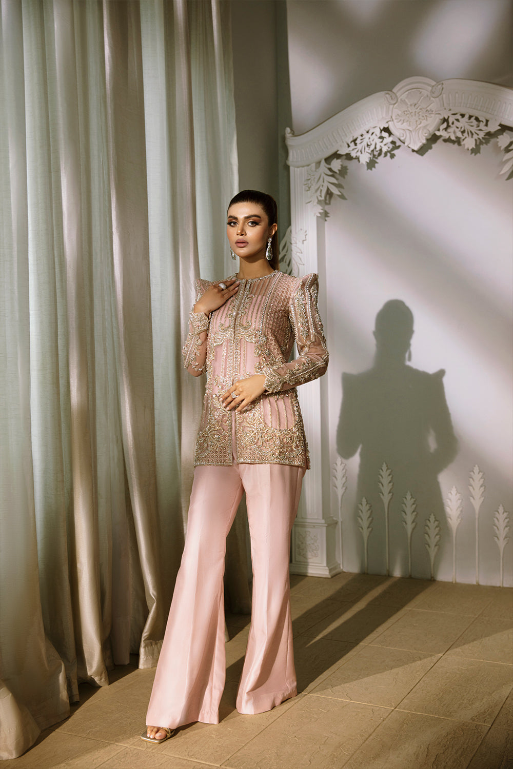 Indian Peach Pink Embellished Organza & Raw Silk Co-ord (2-Piece) - Image 1