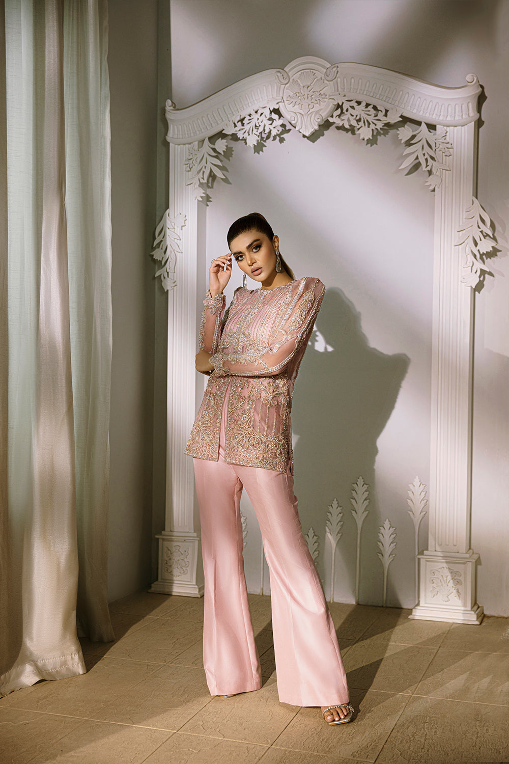 Indian Peach Pink Embellished Organza & Raw Silk Co-ord (2-Piece) - Image 3