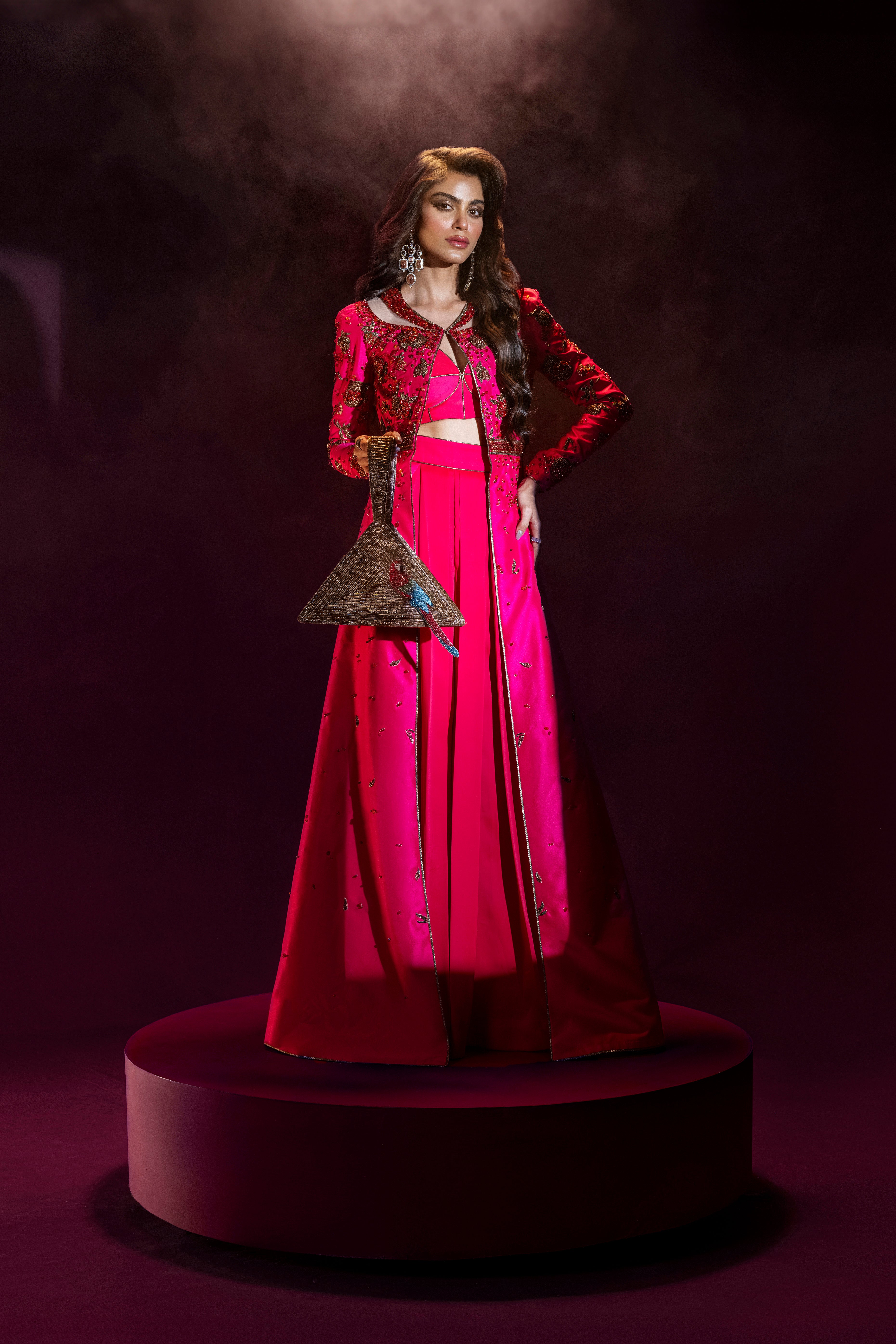 Indian Hot Pink Zardozi Raw Silk Co-ord Set (3-Piece) - Image 1