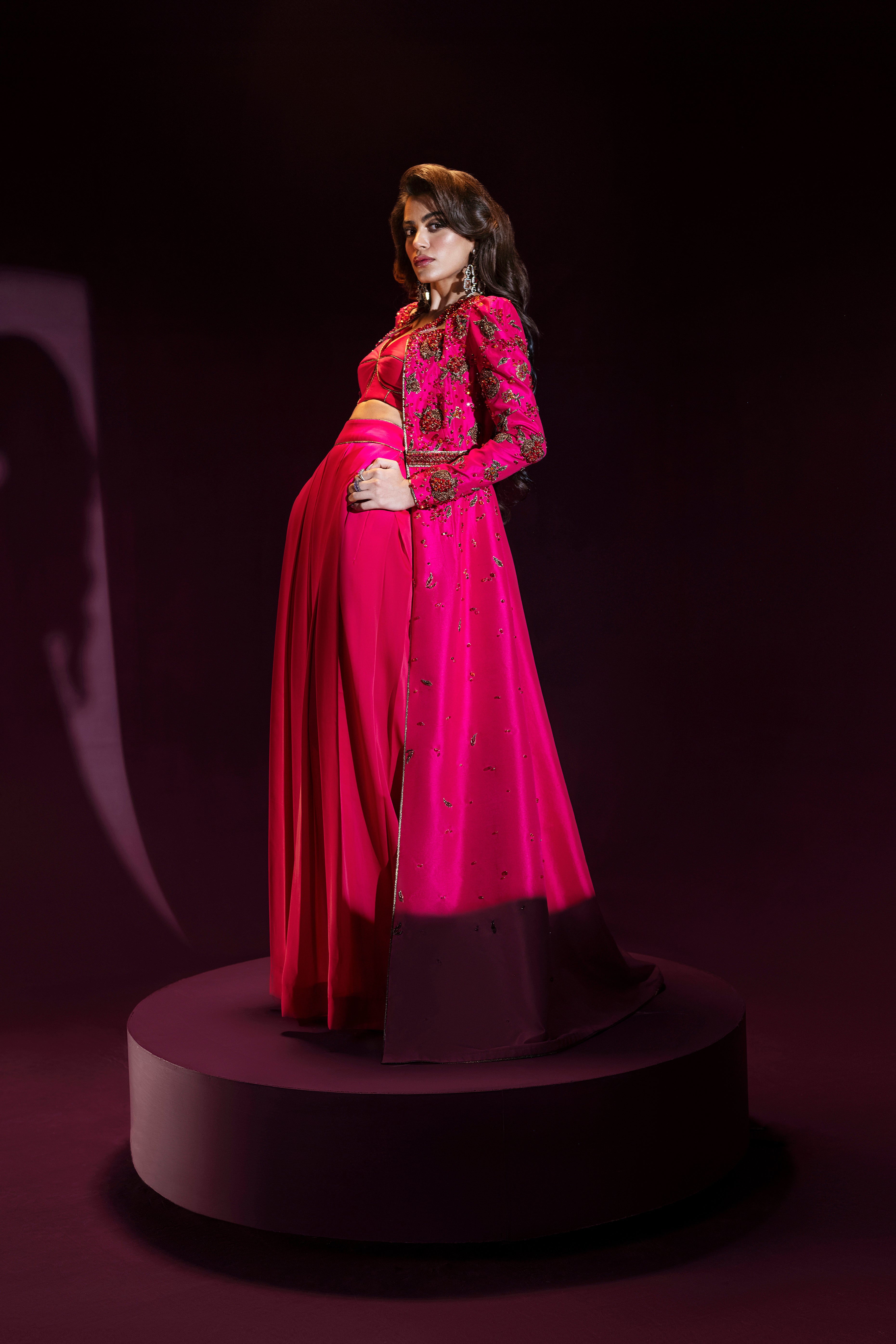 Indian Hot Pink Zardozi Raw Silk Co-ord Set (3-Piece) - Image 2