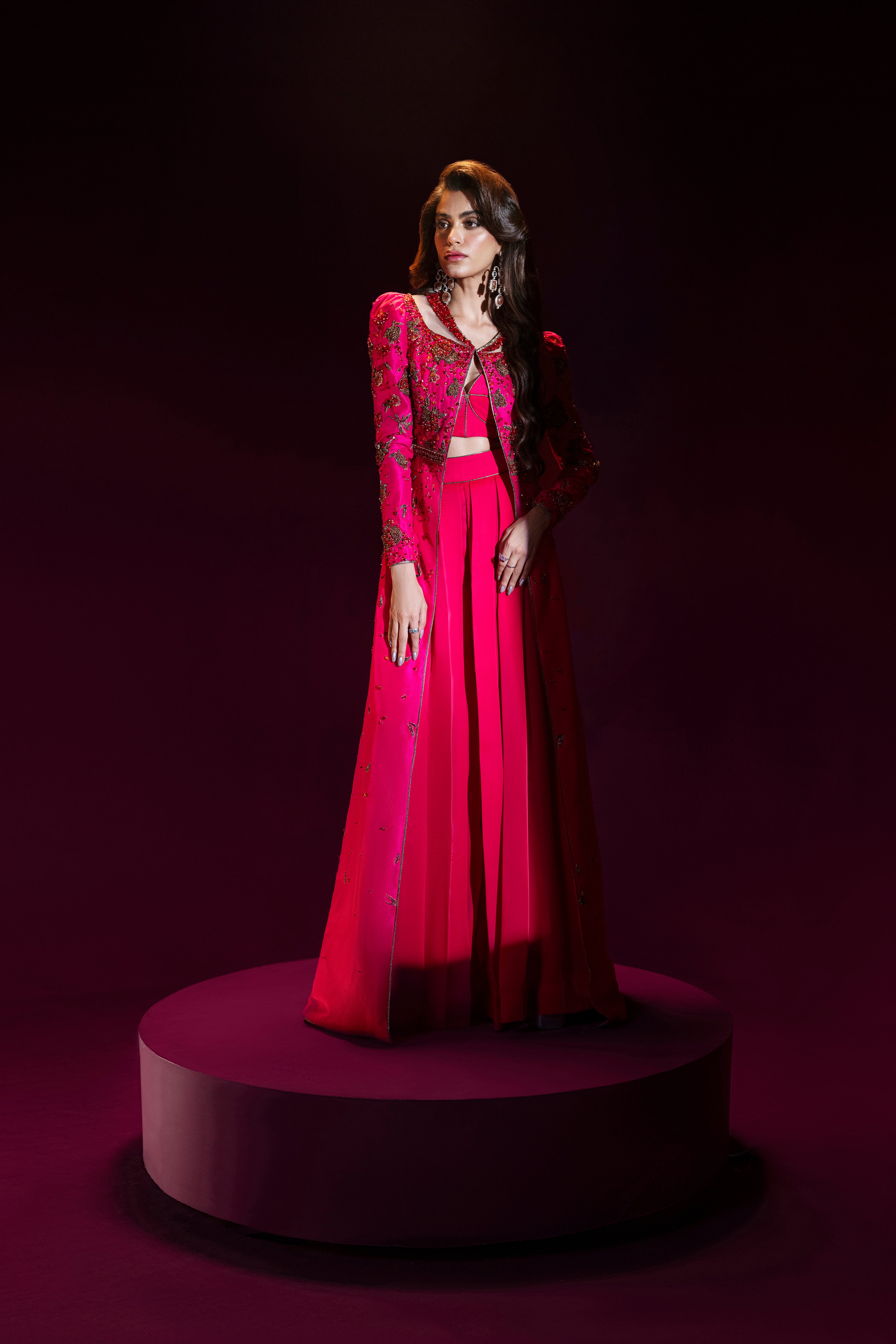 Indian Hot Pink Zardozi Raw Silk Co-ord Set (3-Piece) - Image 3