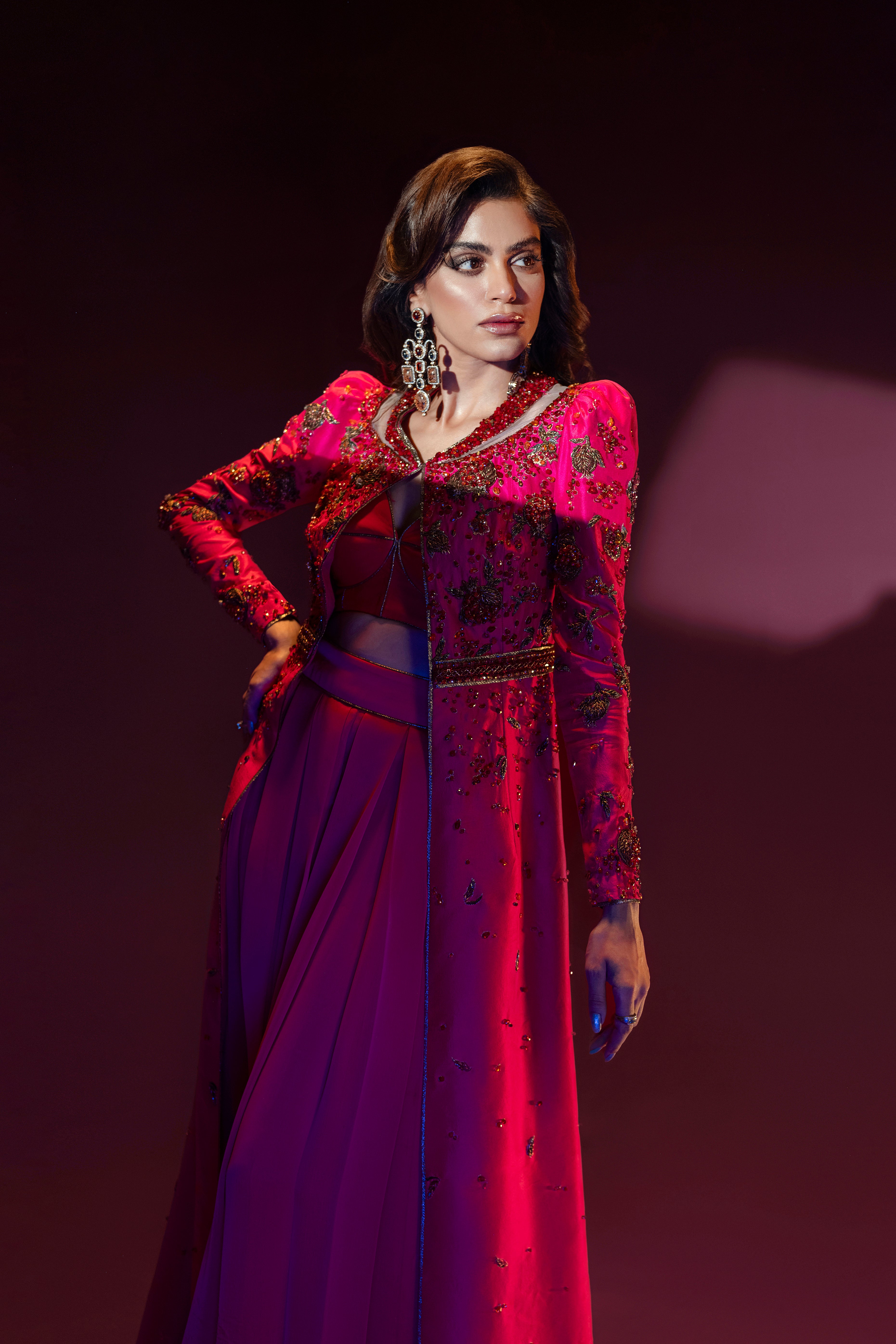 Indian Hot Pink Zardozi Raw Silk Co-ord Set (3-Piece) - Image 4