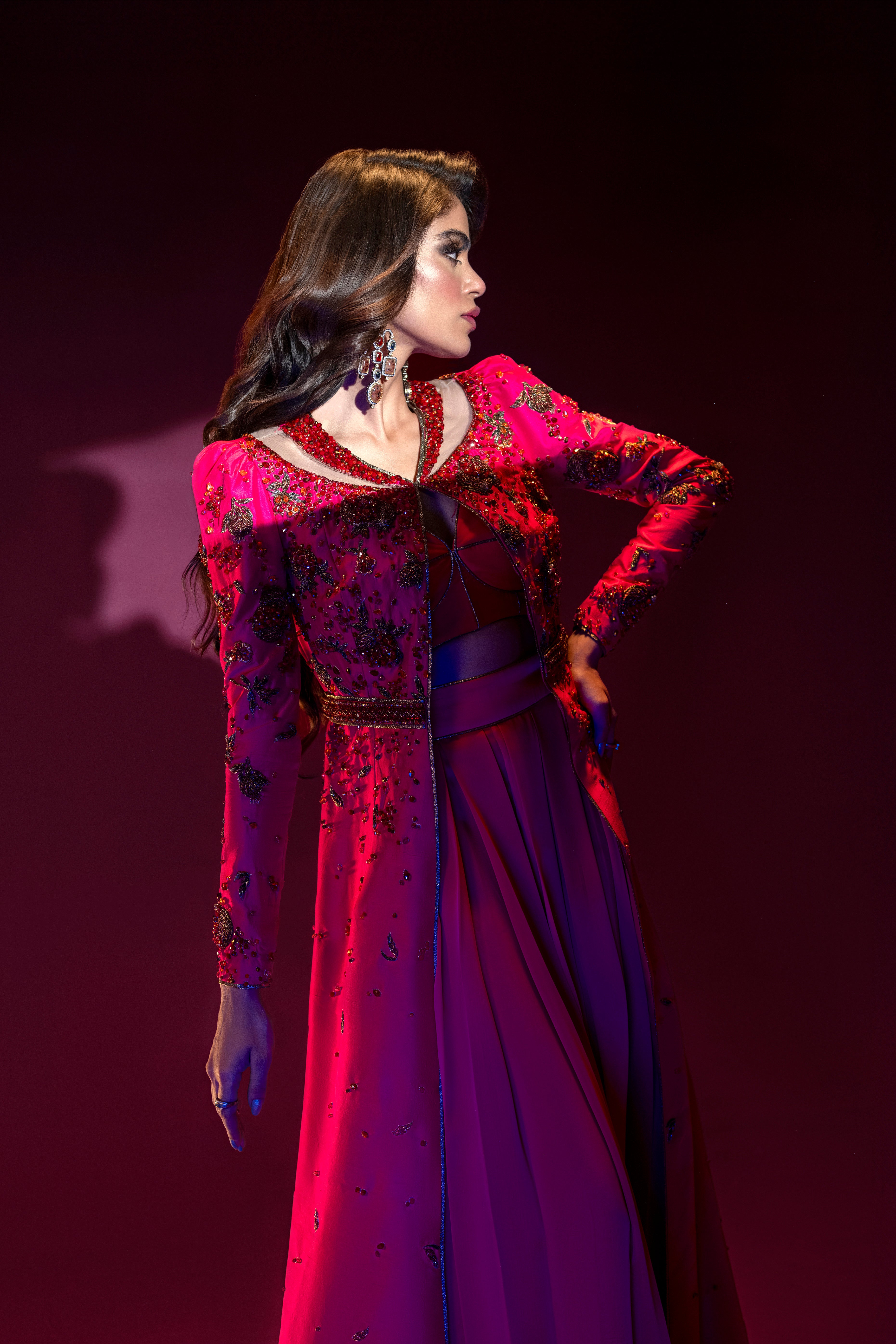 Indian Hot Pink Zardozi Raw Silk Co-ord Set (3-Piece) - Image 5