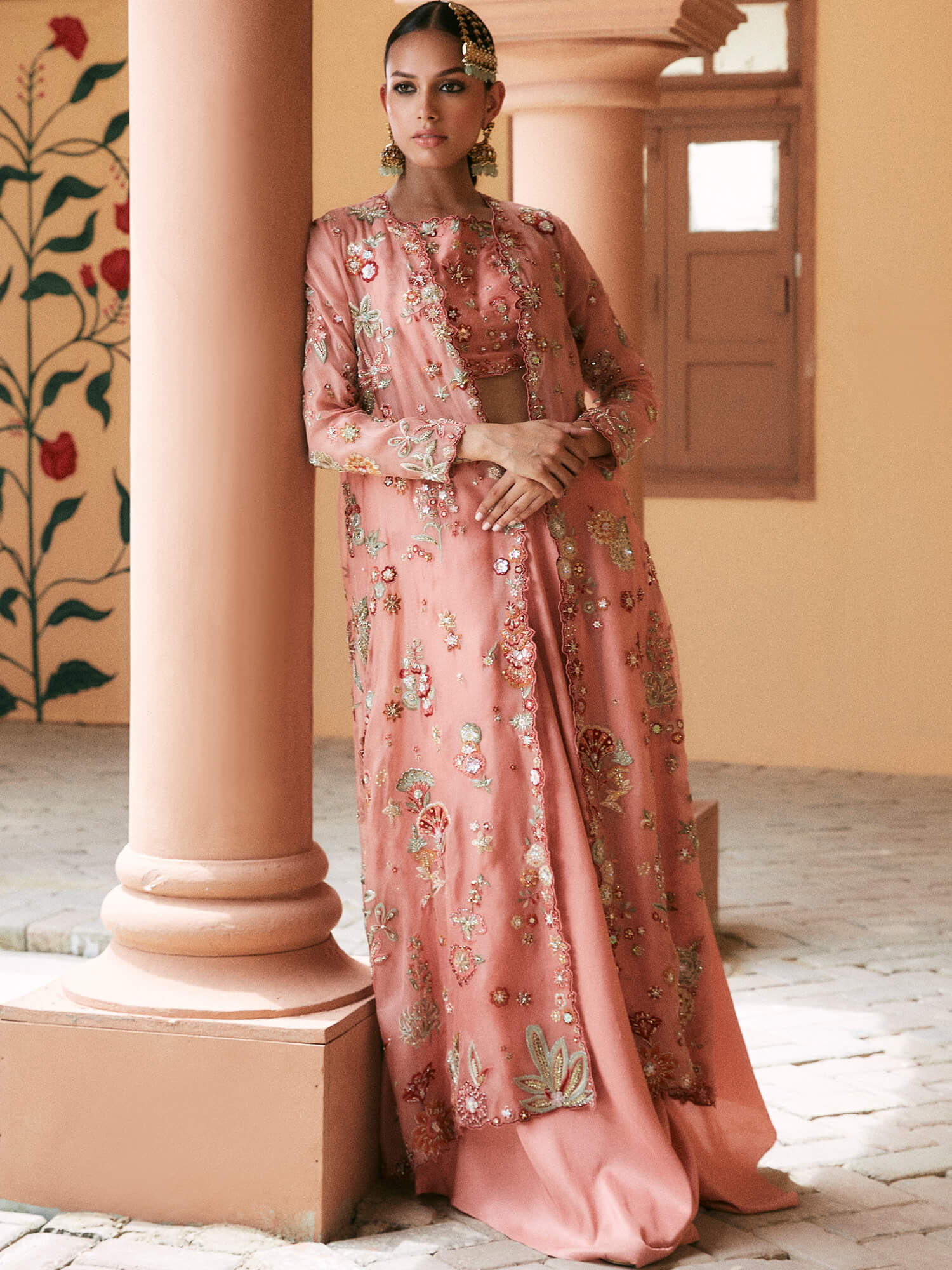 Coral Embroidered Organza Coat 3-Piece Set - Image 1